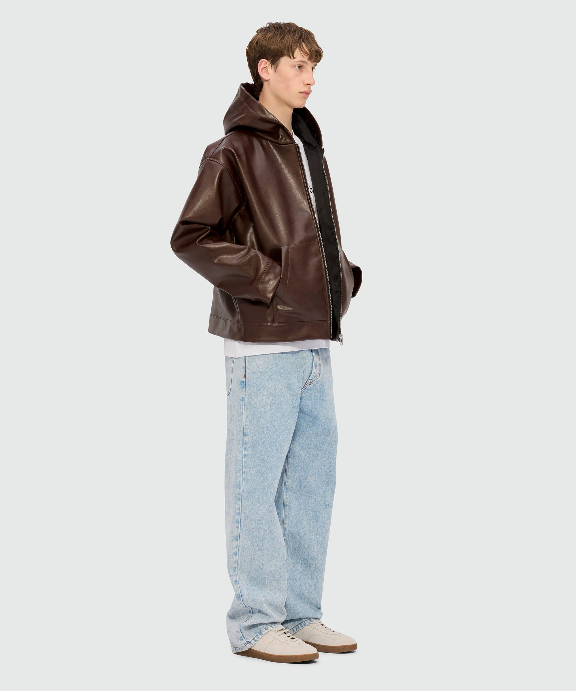 Brown textured faux leather hooded jacket - 4