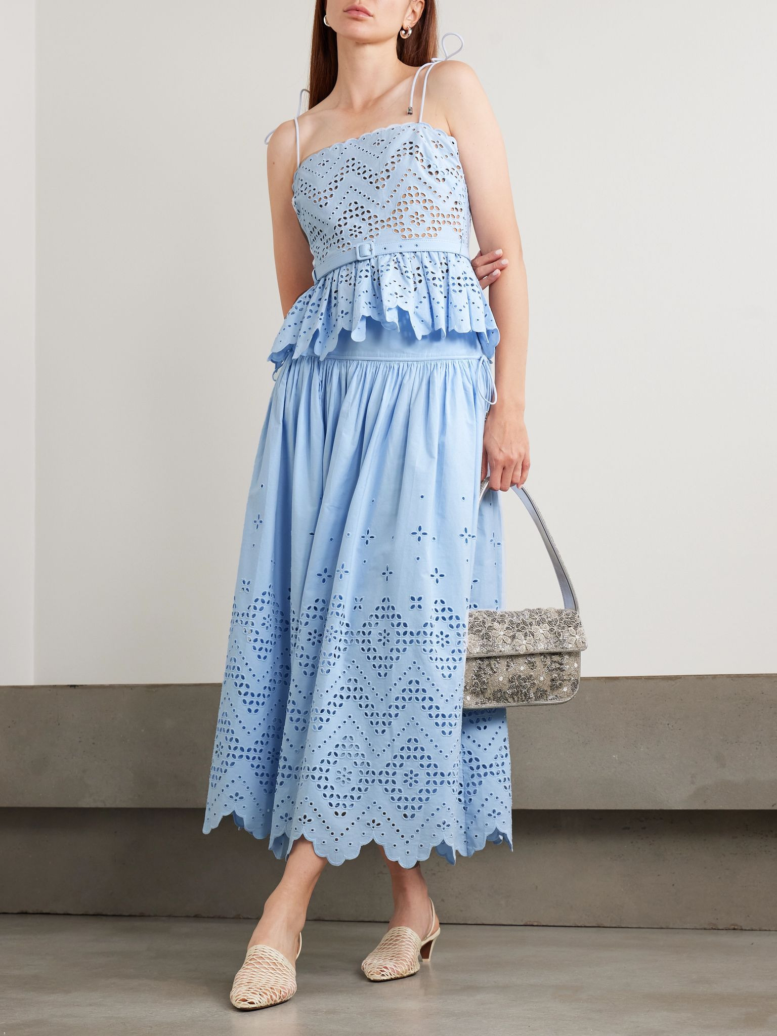 Scalloped ruffled broderie anglaise cotton peplum top Blue - 2