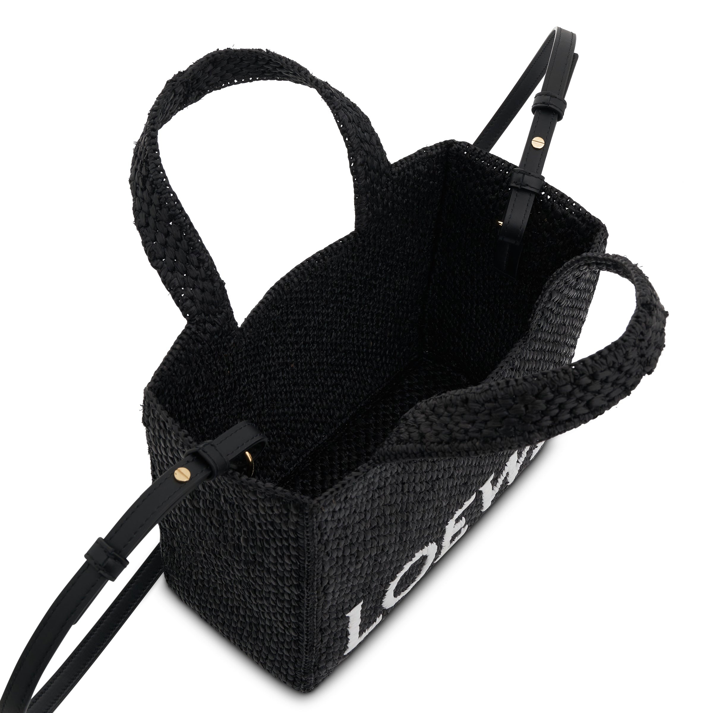 Small Logo Font Tote Bag in Raffia and Calfskin in Black - 4