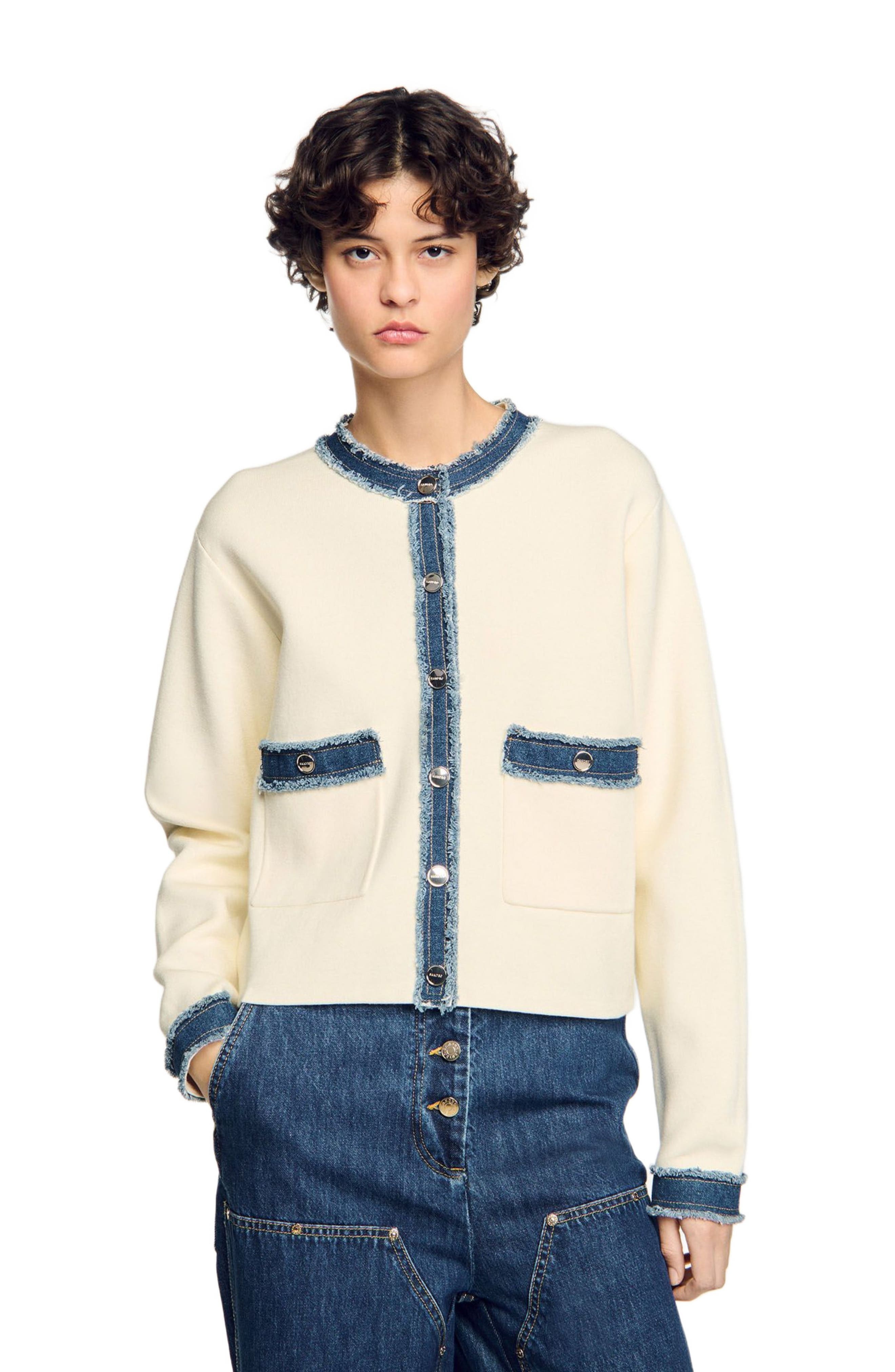 SANDRO Cardigan with denim details in Ecru at Nordstrom - 3