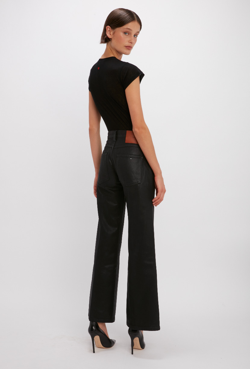 Edie Mid-Rise Kick Flare Jean in Black Gloss - 3