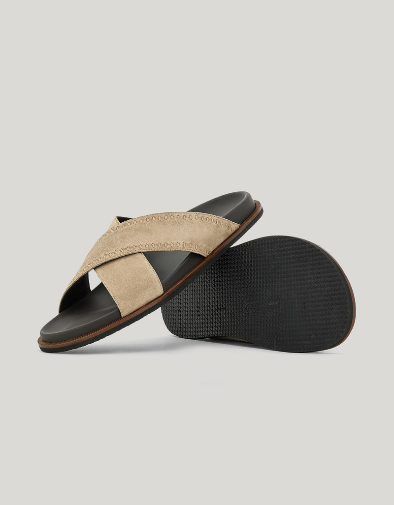 BEIGE SUEDE CRISS-CROSS SANDALS WITH DECORATIVE PERFORATED STITCHING 2