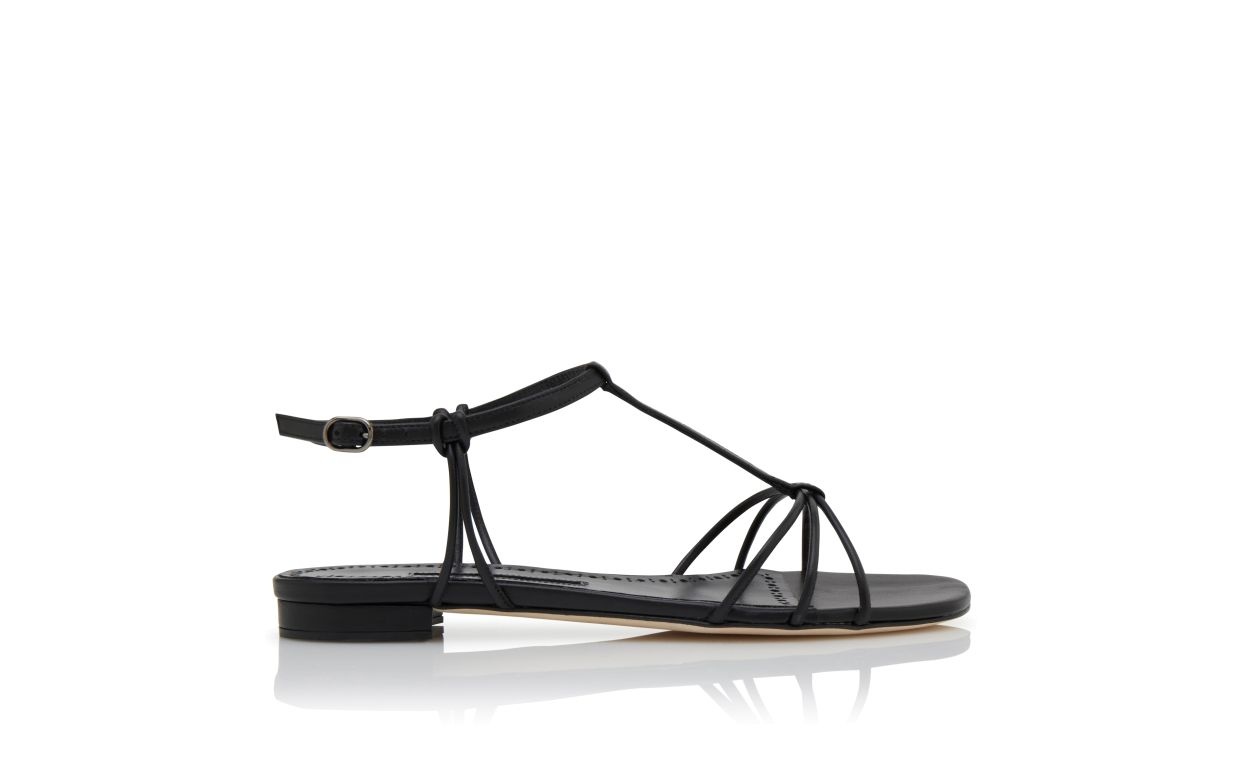 Black Nappa Leather Ankle Strap Flat Sandals - 1