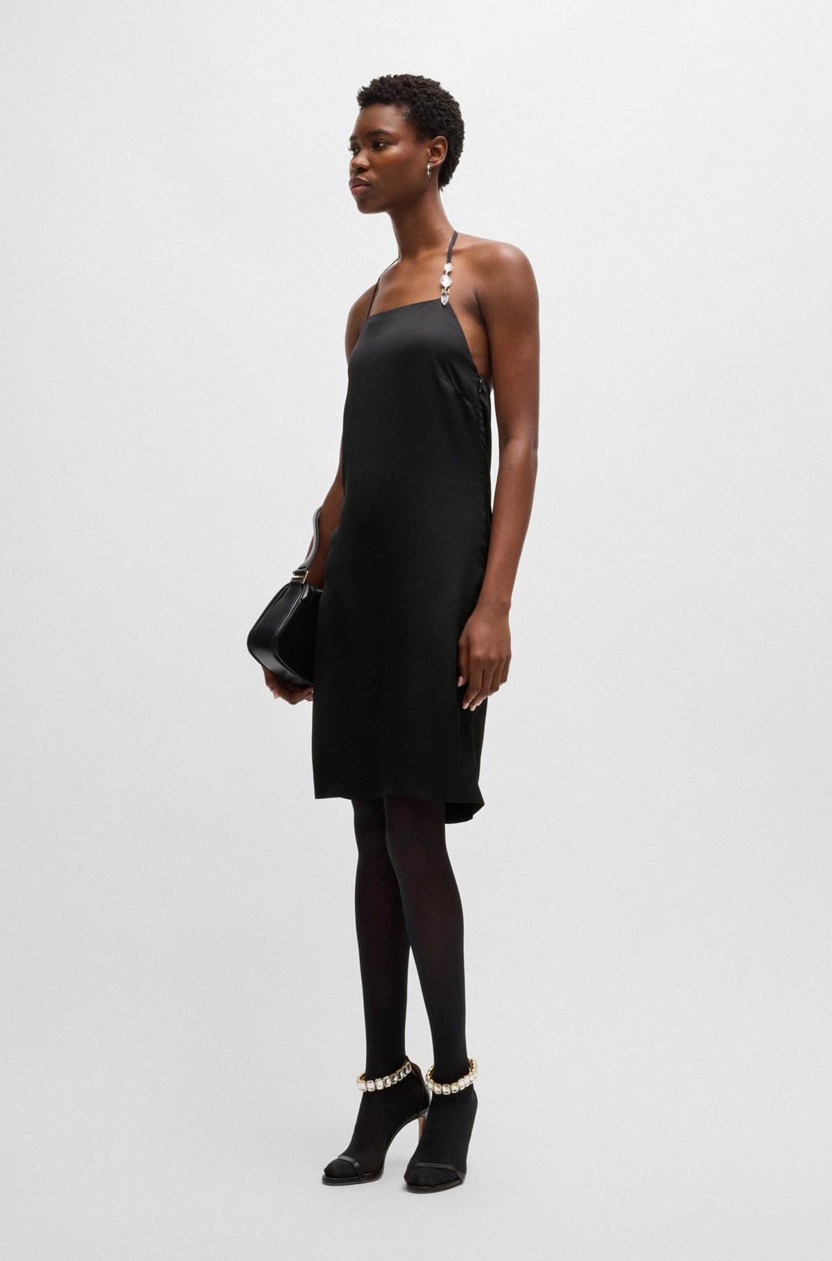 HALTER-STRAP DRESS IN SATIN WITH CRYSTAL TRIM - 2