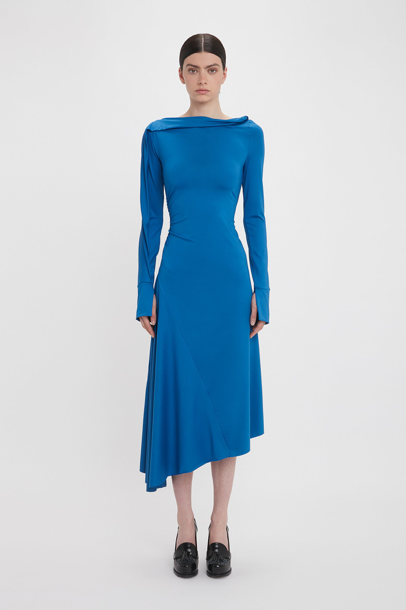 Victoria Beckham Long Sleeve Draped Jersey Midi Dress In Ocean Blue -  1424JDR005877A-OCEAN-BLUE-4 | REVERSIBLE