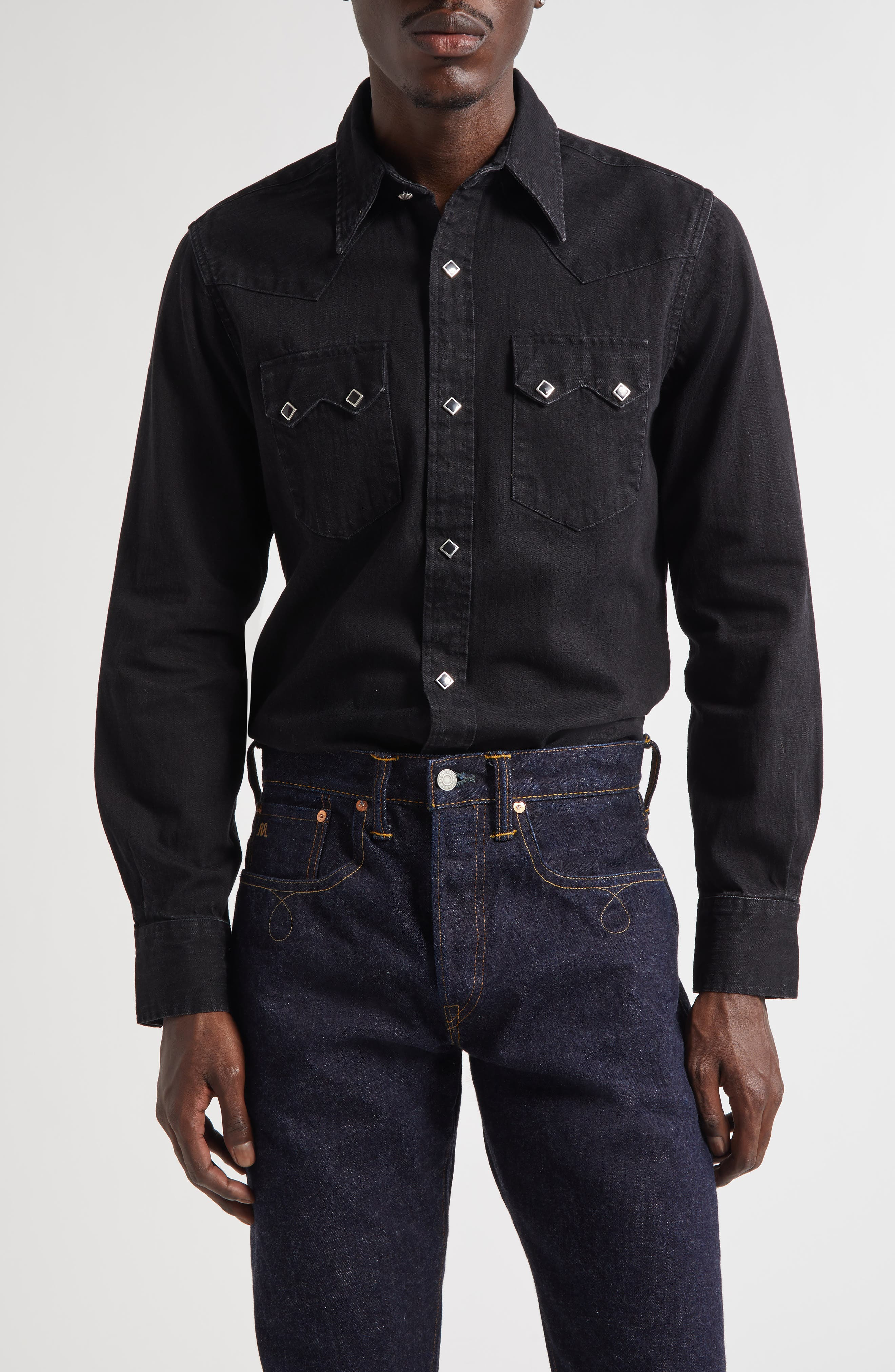 Double RL Slim Fit Denim Western Snap-Up Shirt in Black at Nordstrom - 1