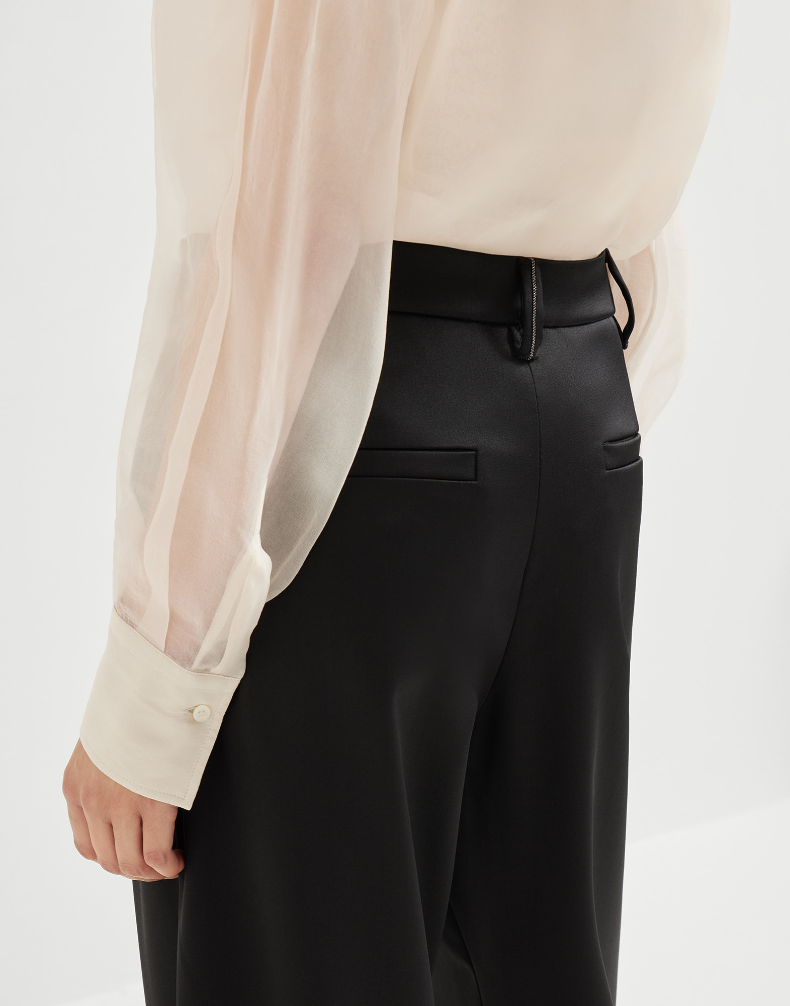Virgin wool stretch satin slouchy trousers with monili - 3