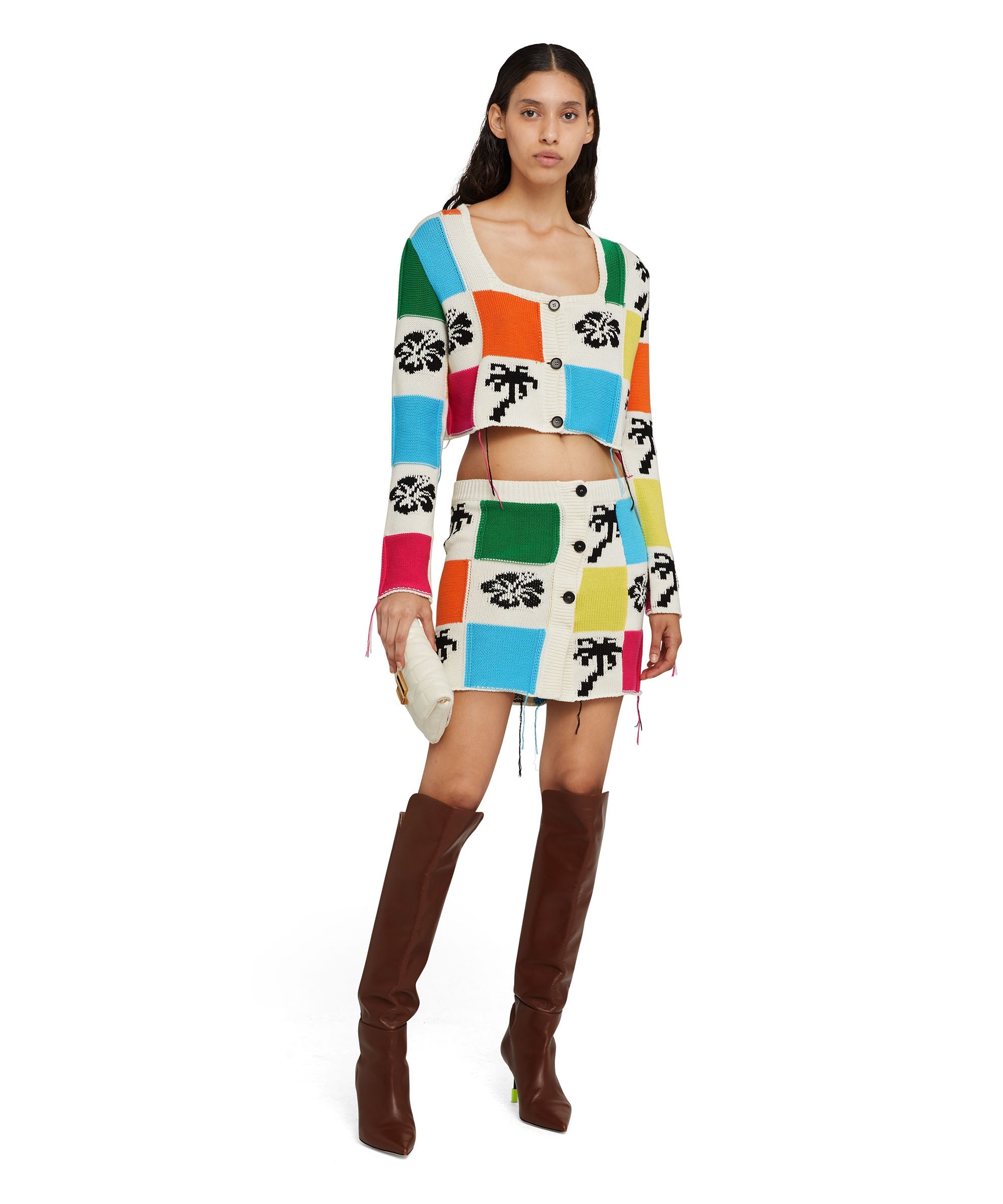 Patchwork knit mini skirt with hibiscus and palm inlays - 5