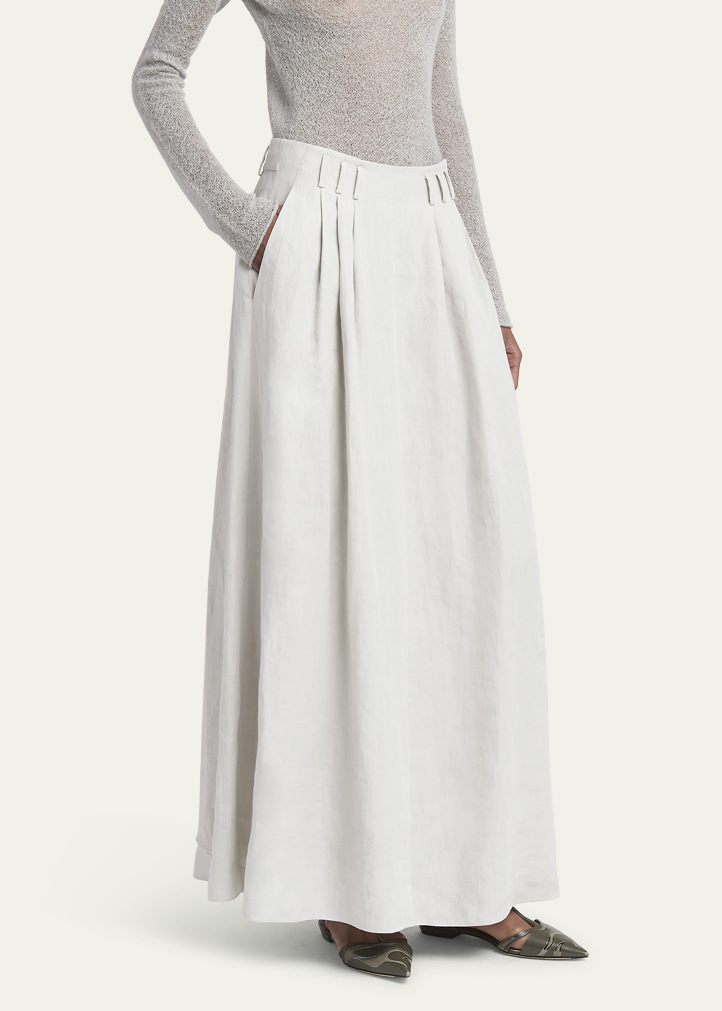 Triple Pleated Linen Maxi Skirt - 4