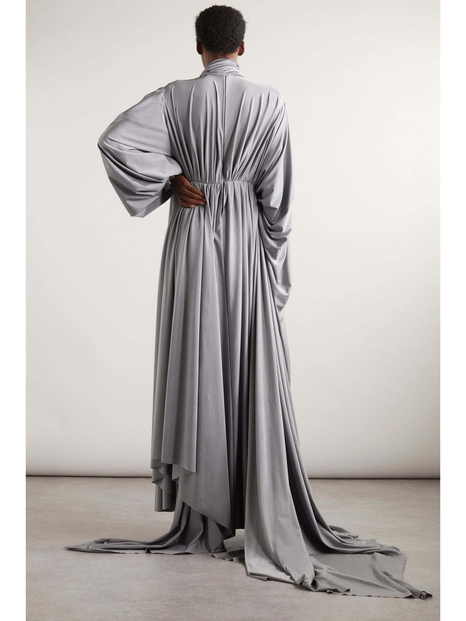 Asymmetric ruched stretch-satin maxi dress Gray - 3