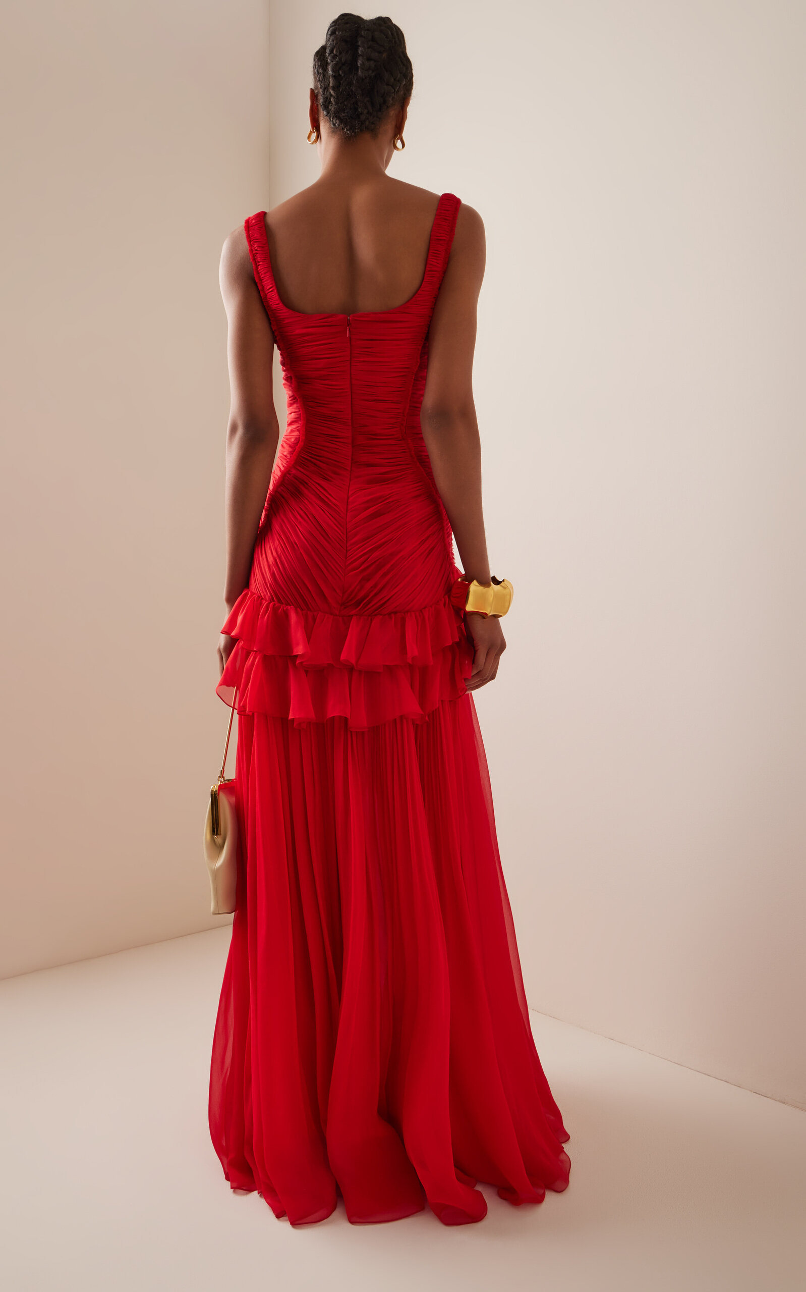 Ruffled Silk Chiffon Gown red - 4