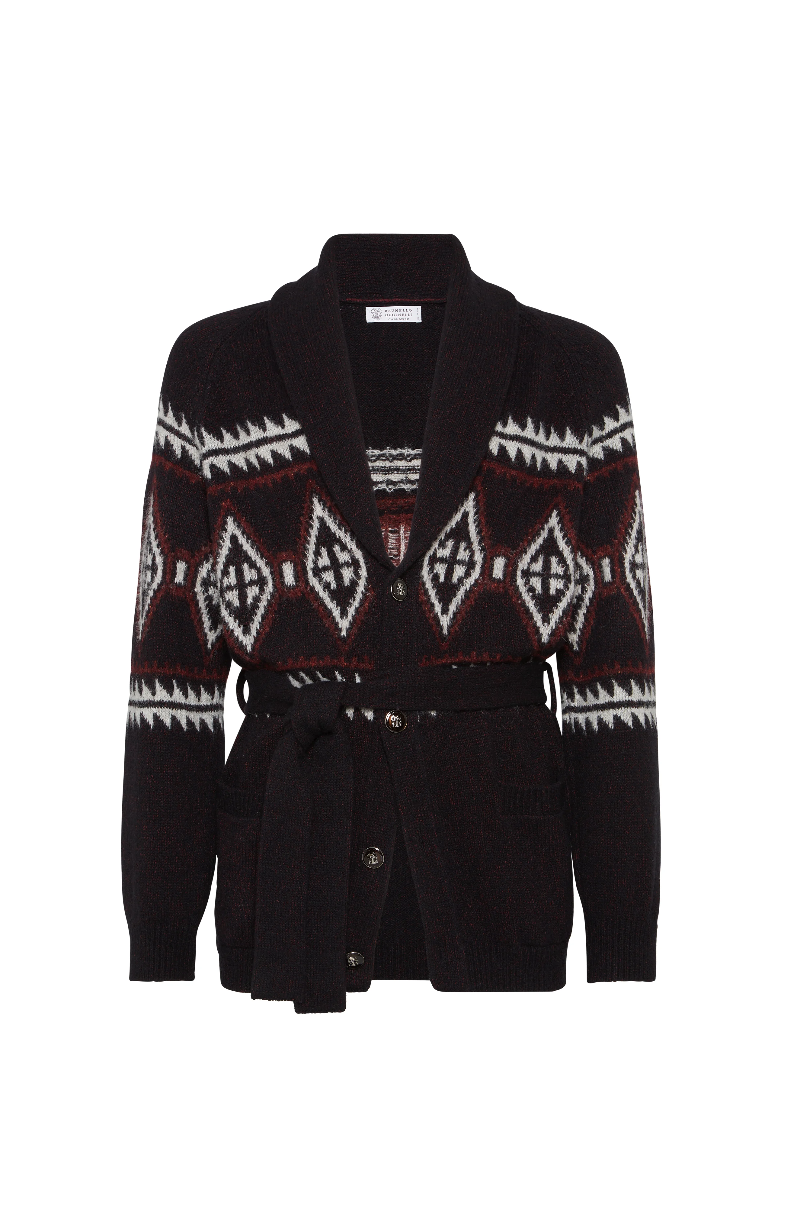 Brunello Cucinelli Geometric jacquard belted cardigan in Black at Nordstrom - 1