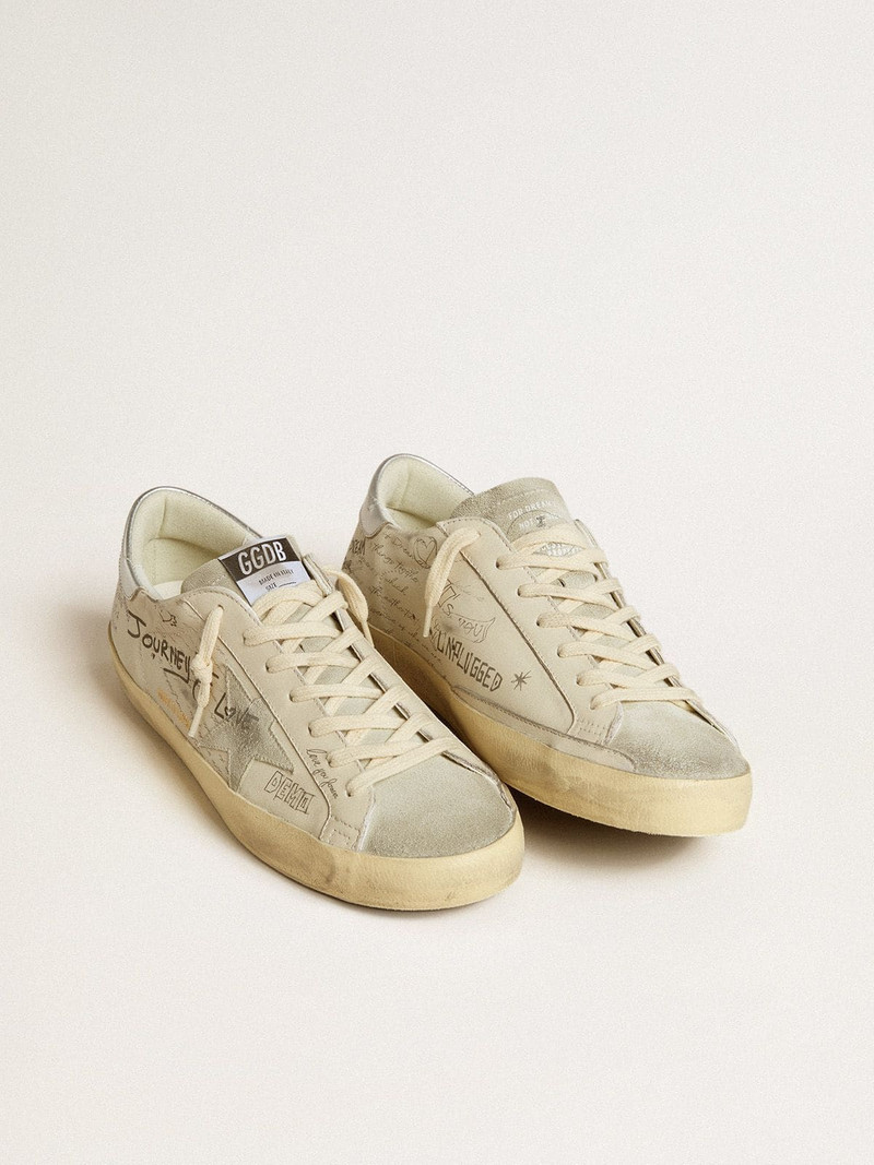 Golden Goose Men's Super-Star LTD in white leather with all-over lettering and ice-gray suede star outlook