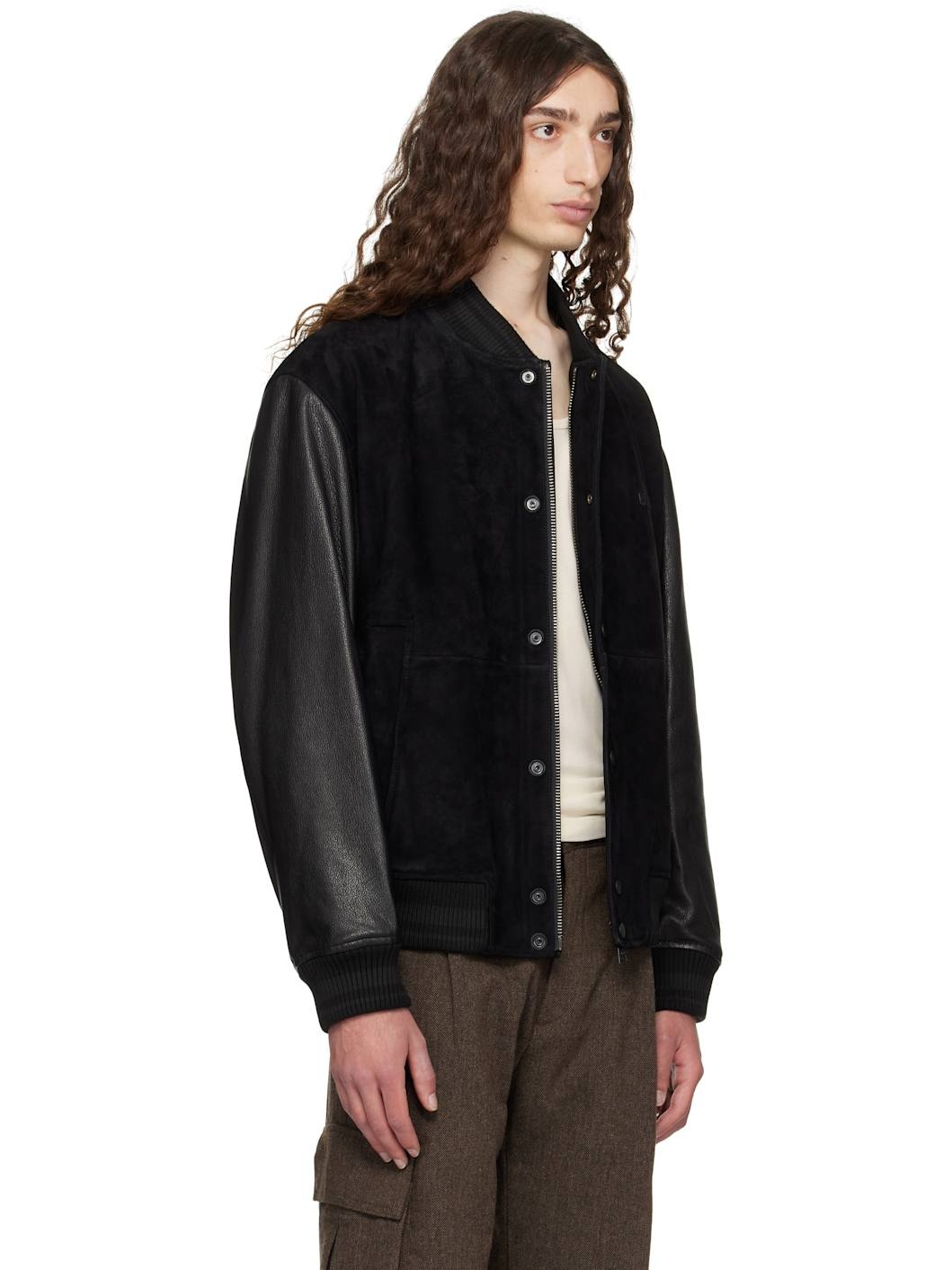Black Embossed-Logo Leather Bomber Jacket - 2