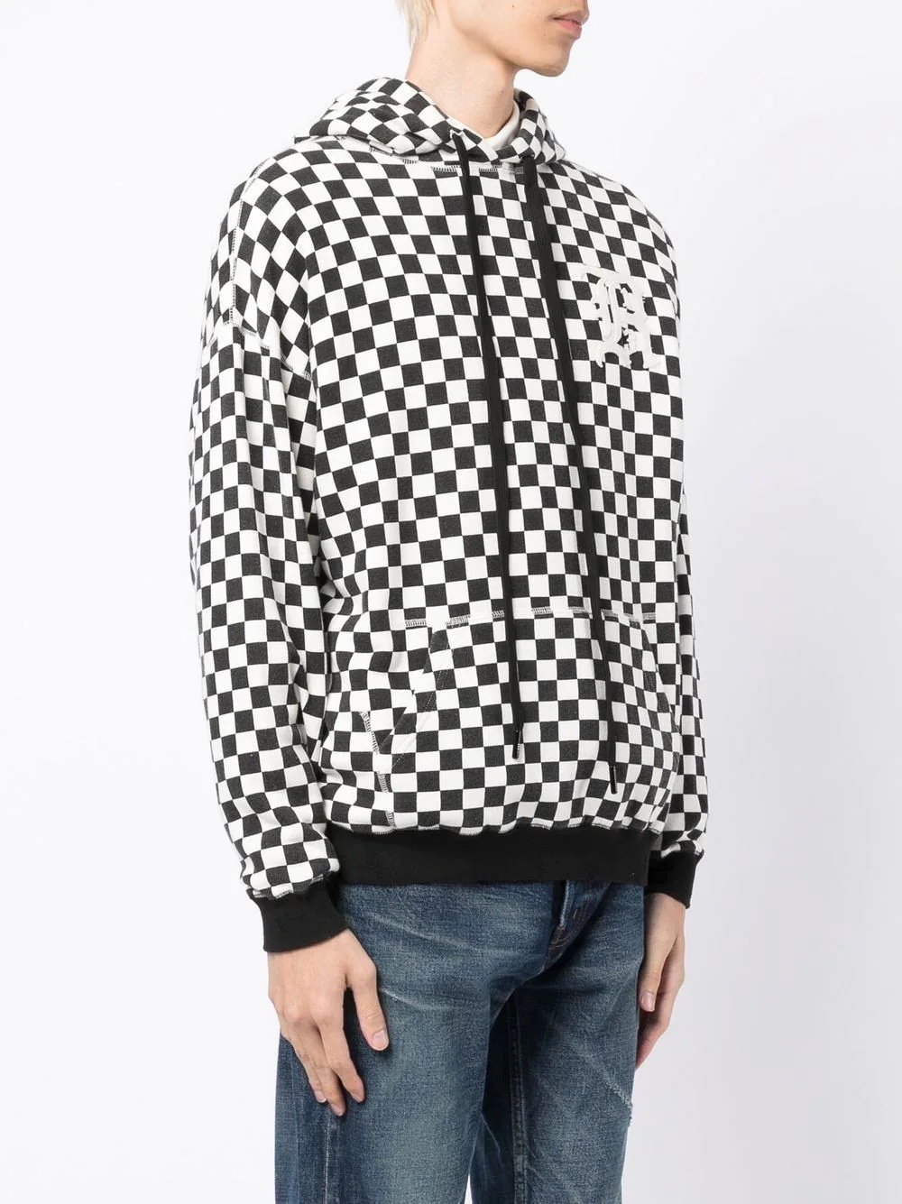 checkerboard-print cotton hoodie - 3