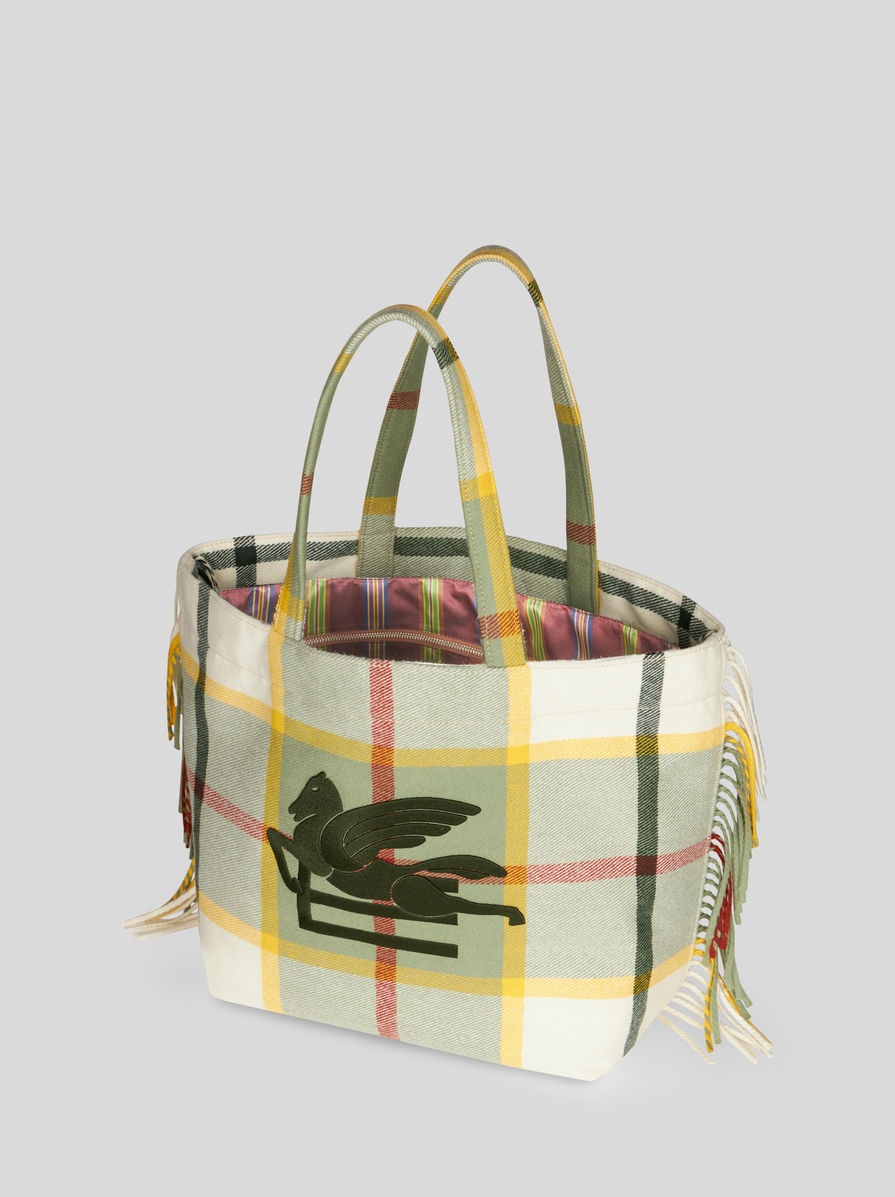 LARGE CHECK JACQUARD SOFT TROTTER TOTE BAG WITH FRINGING - 5
