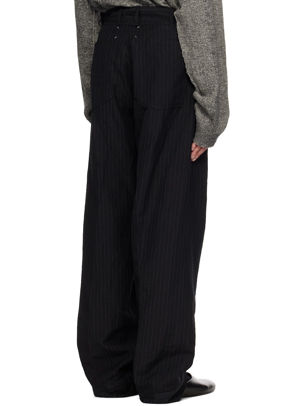 Black Pinstripe Linen & Wool Trousers - 3