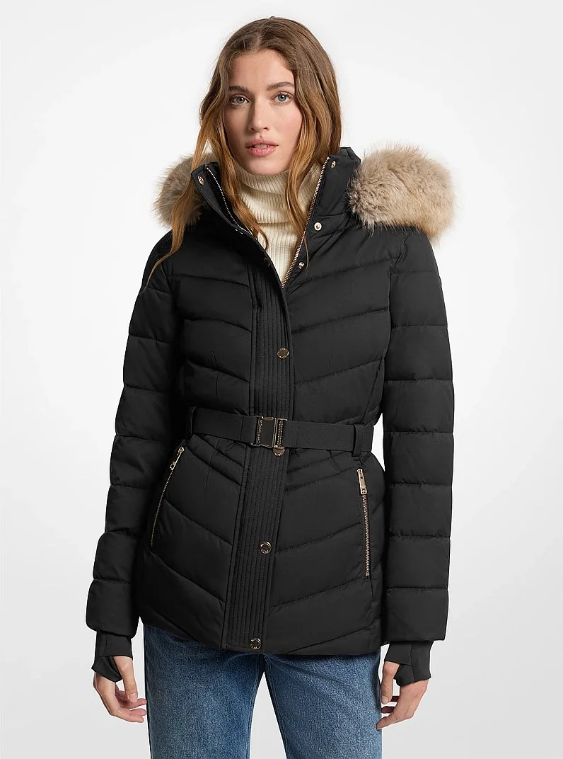 Faux Fur Trim Packable Quilted Puffer Jacket - 1