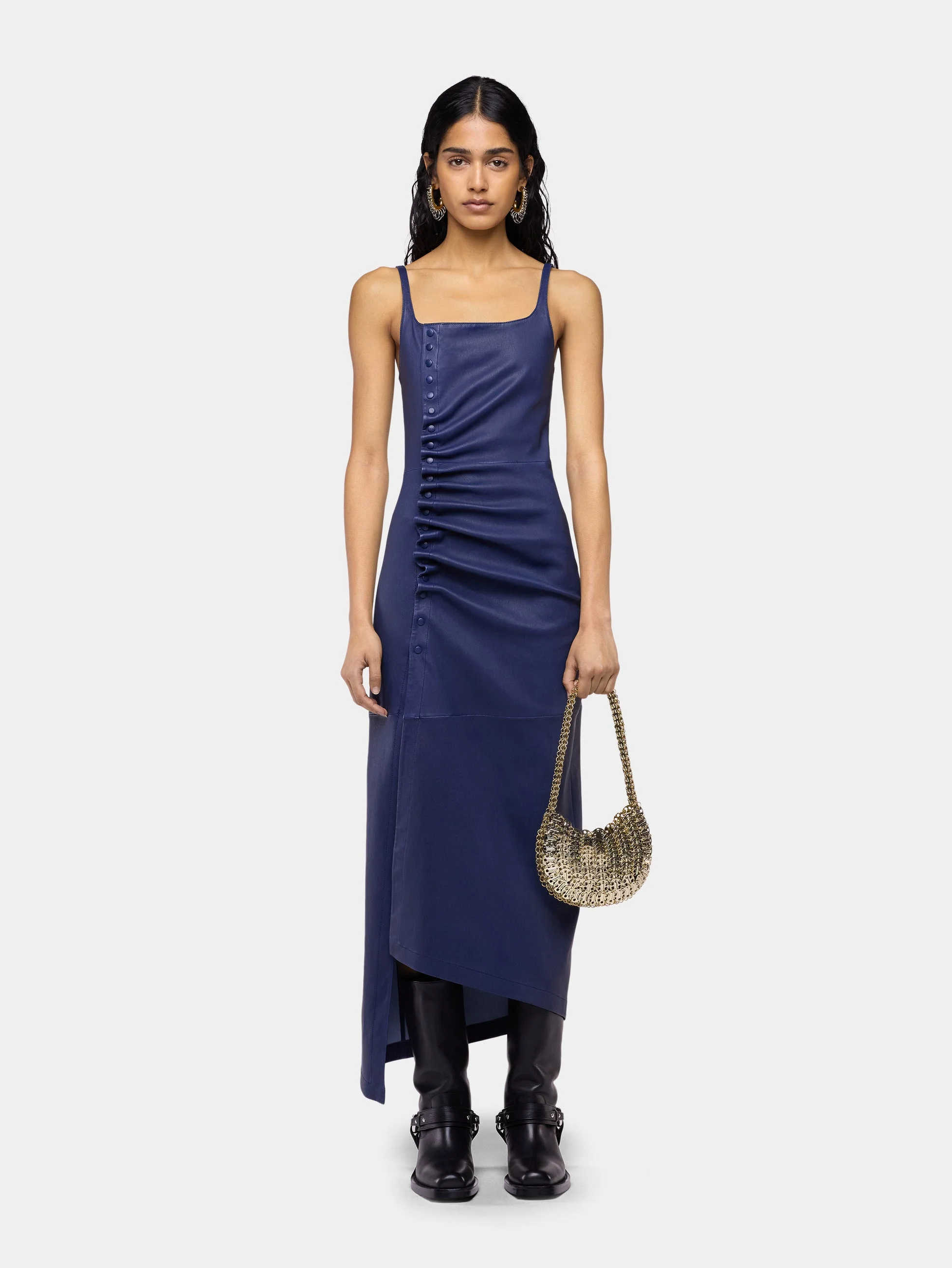 DRAPED MIDI DRESS IN NAVY BLUE LAMBSKIN - 1