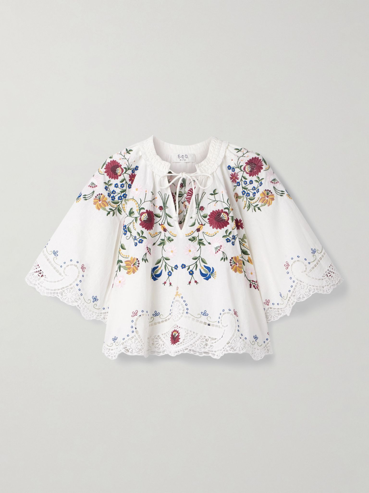 Celia tie-neck ruffled broderie anglaise cotton and linen-blend blouse Cream - 1