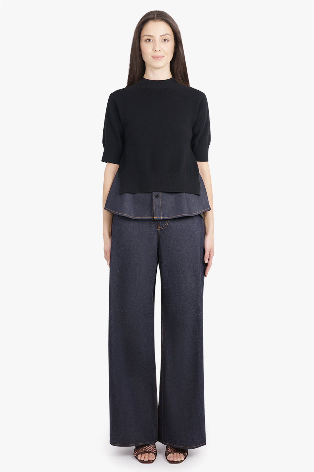 S/S PULL OVER KNIT WITH DENIM UNDERLAY | BLACK/INDIGO BLUE - 4