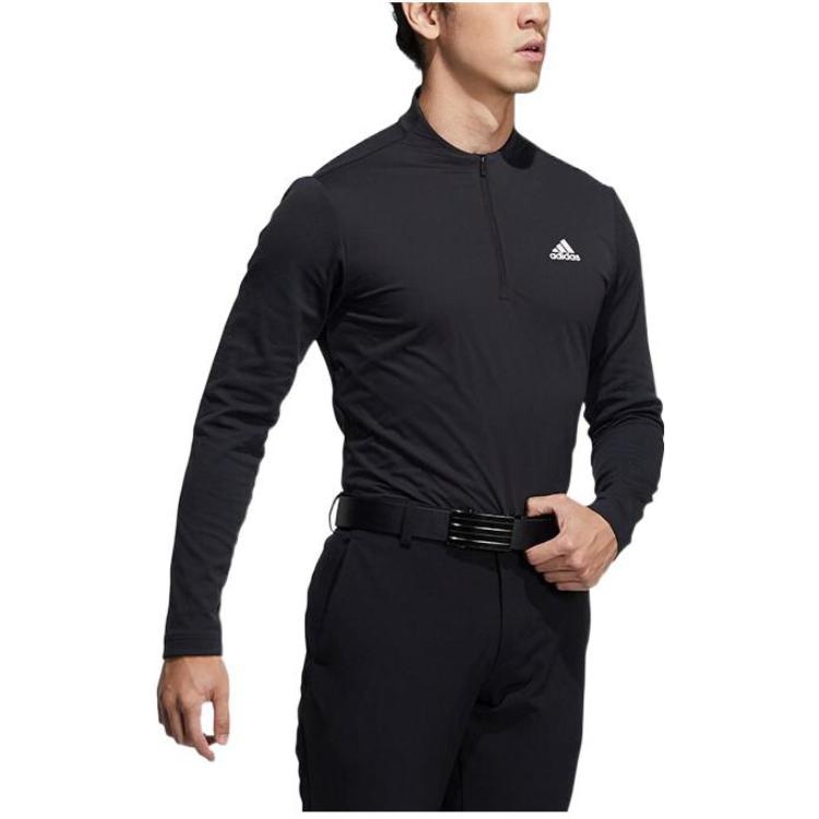 Men's adidas Solid Color Half Zipper Stand Collar Long Sleeves Black T-Shirt GT3652 - 2