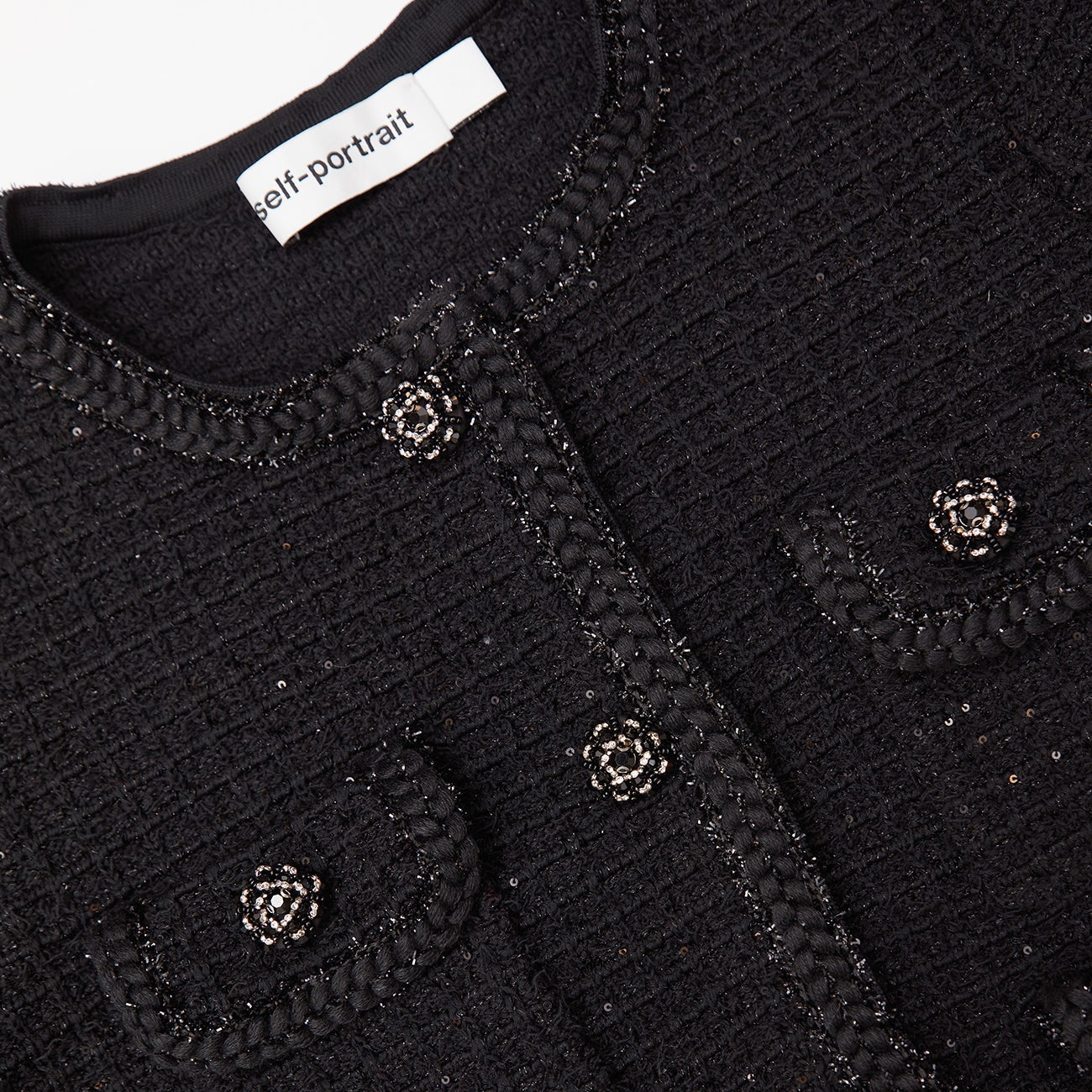 Black Sequin Textured Round Neck Knit Jacket - 5