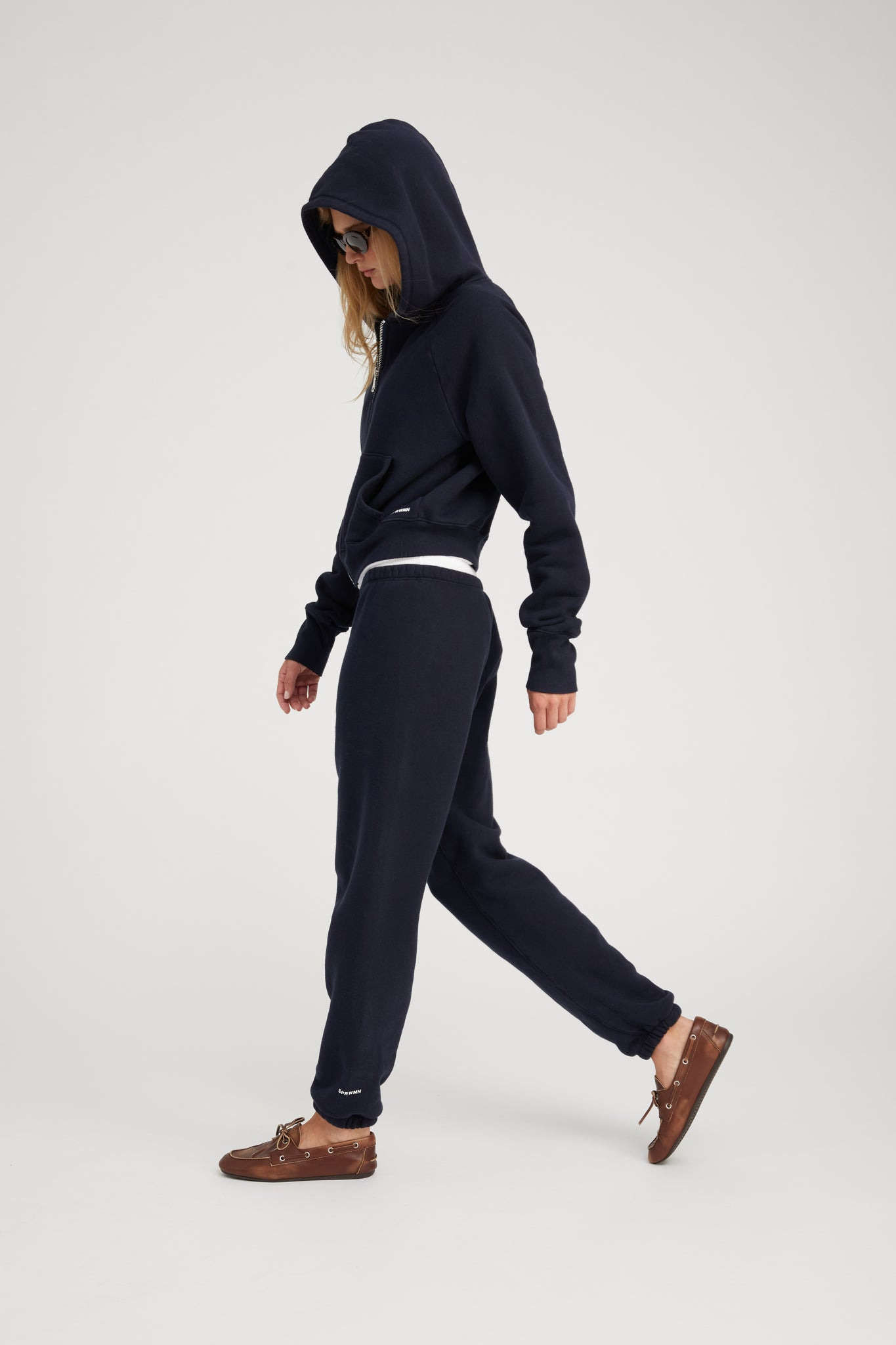 NAVY COTTON SHRUNKEN ZIP UP HOODIE - 3