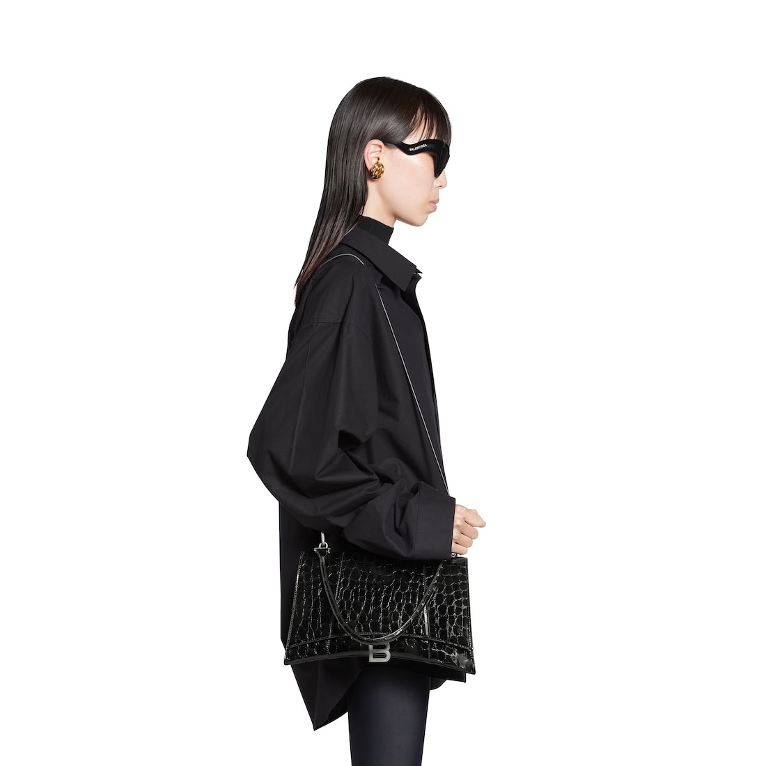 Women's Hourglass Hinge Medium Handbag Crocodile Embossed in Black - 4