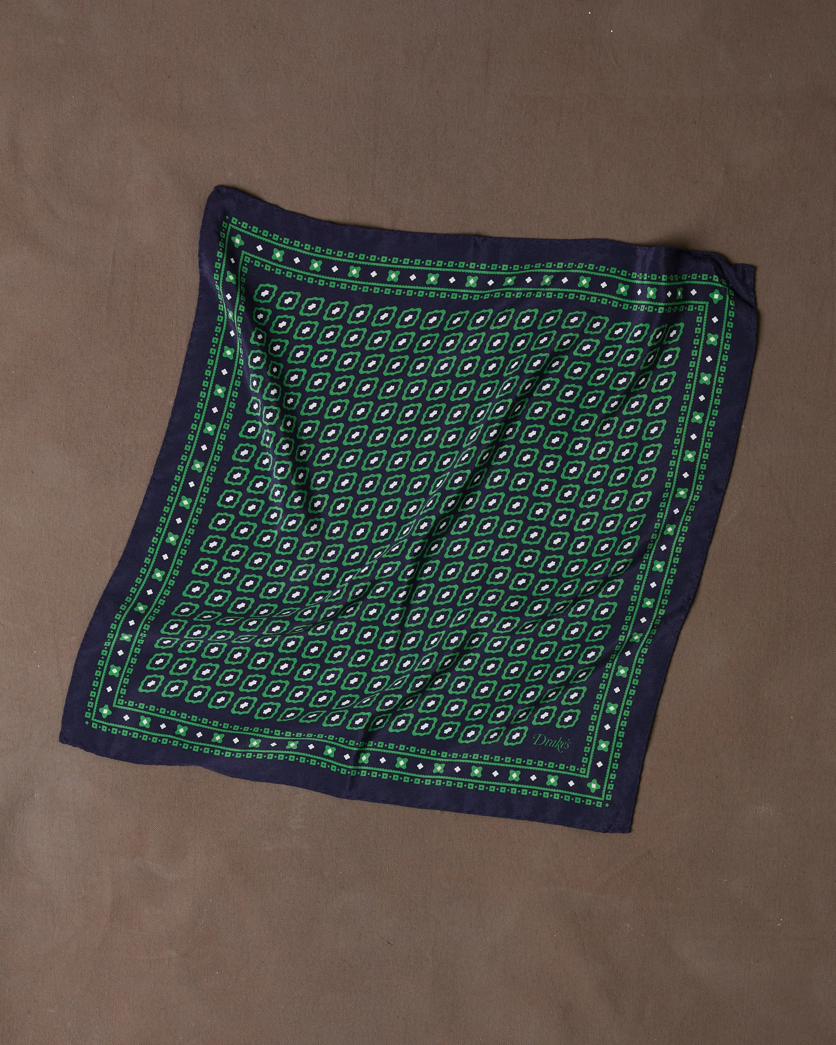 Green Tile Print Silk Pocket Square - 1