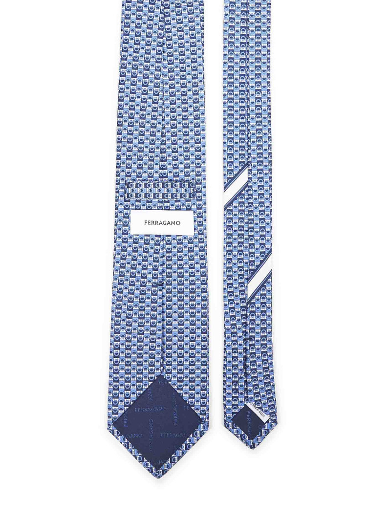 FERRAGAMO Blue silk tie with two-tone Gancini print outlook