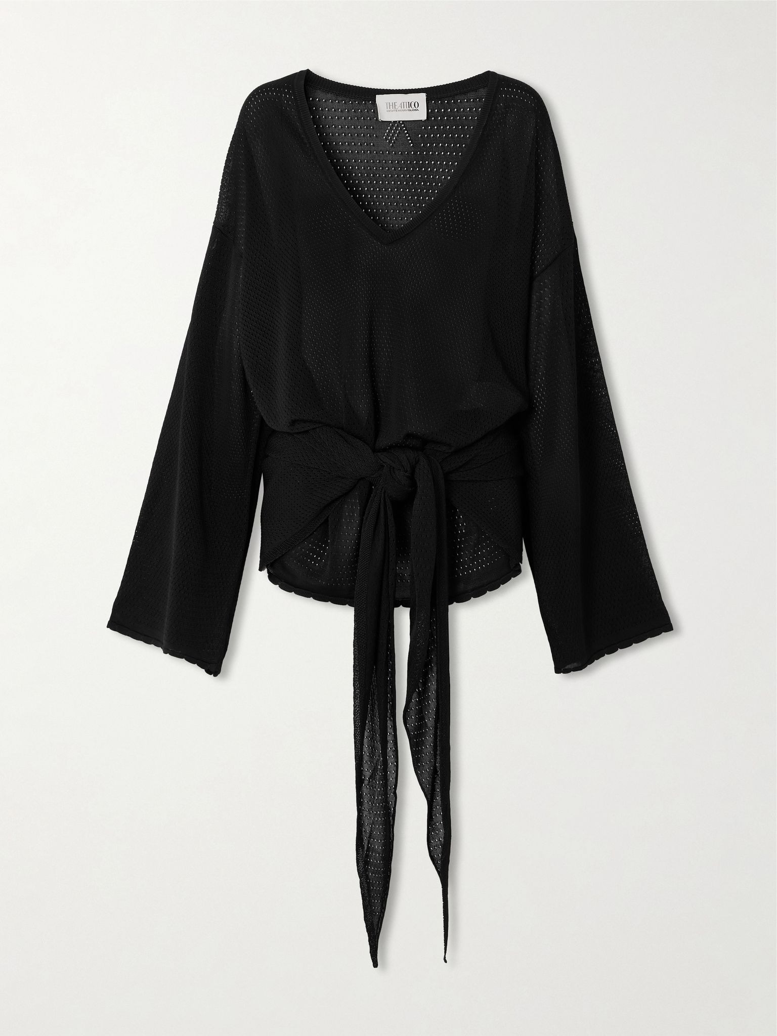 Tie-detailed pointelle-knit coverup Black - 1