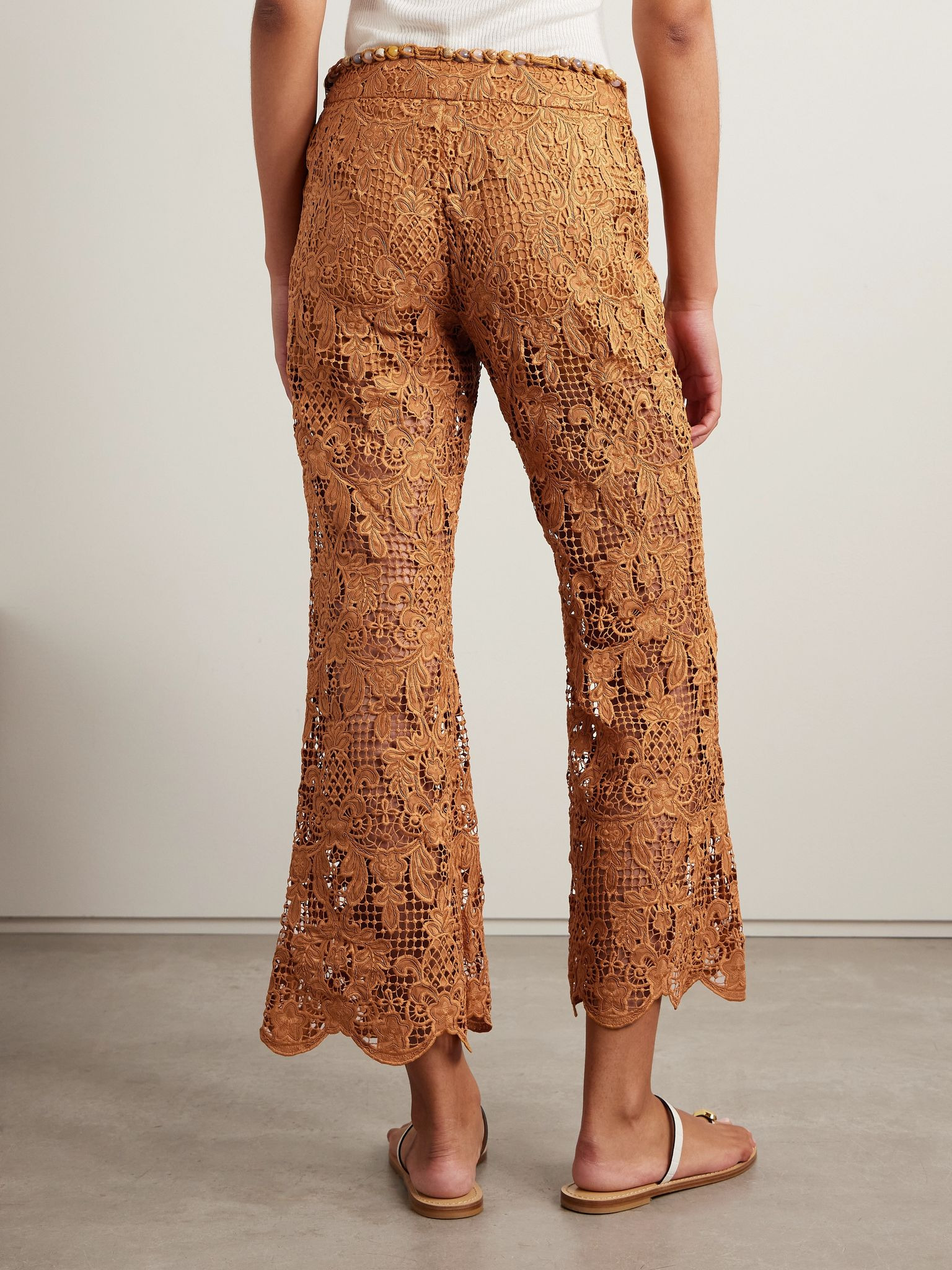 Coco belted guipure lace cotton flared pants Camel - 4