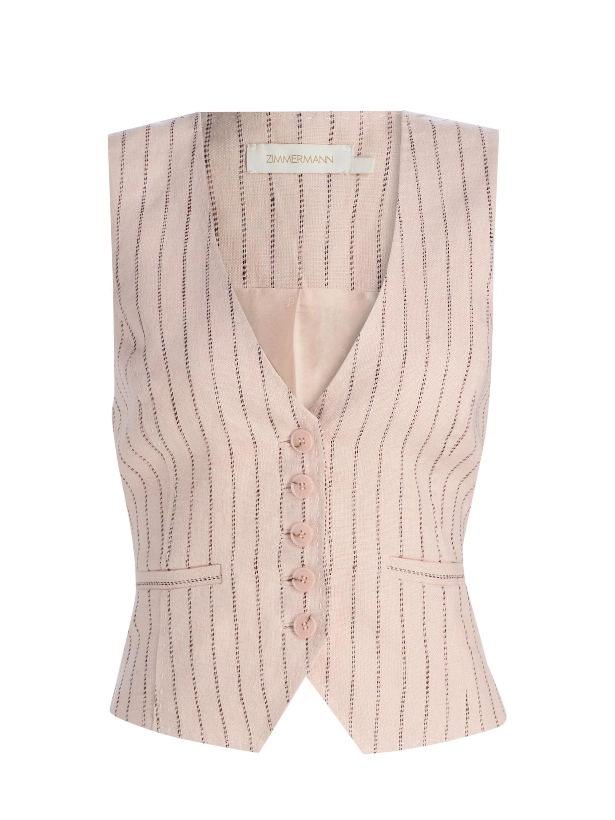 Women's Alchemy Pinstripe Linen Waistcoat - Pink Chocolate Stripe - 1