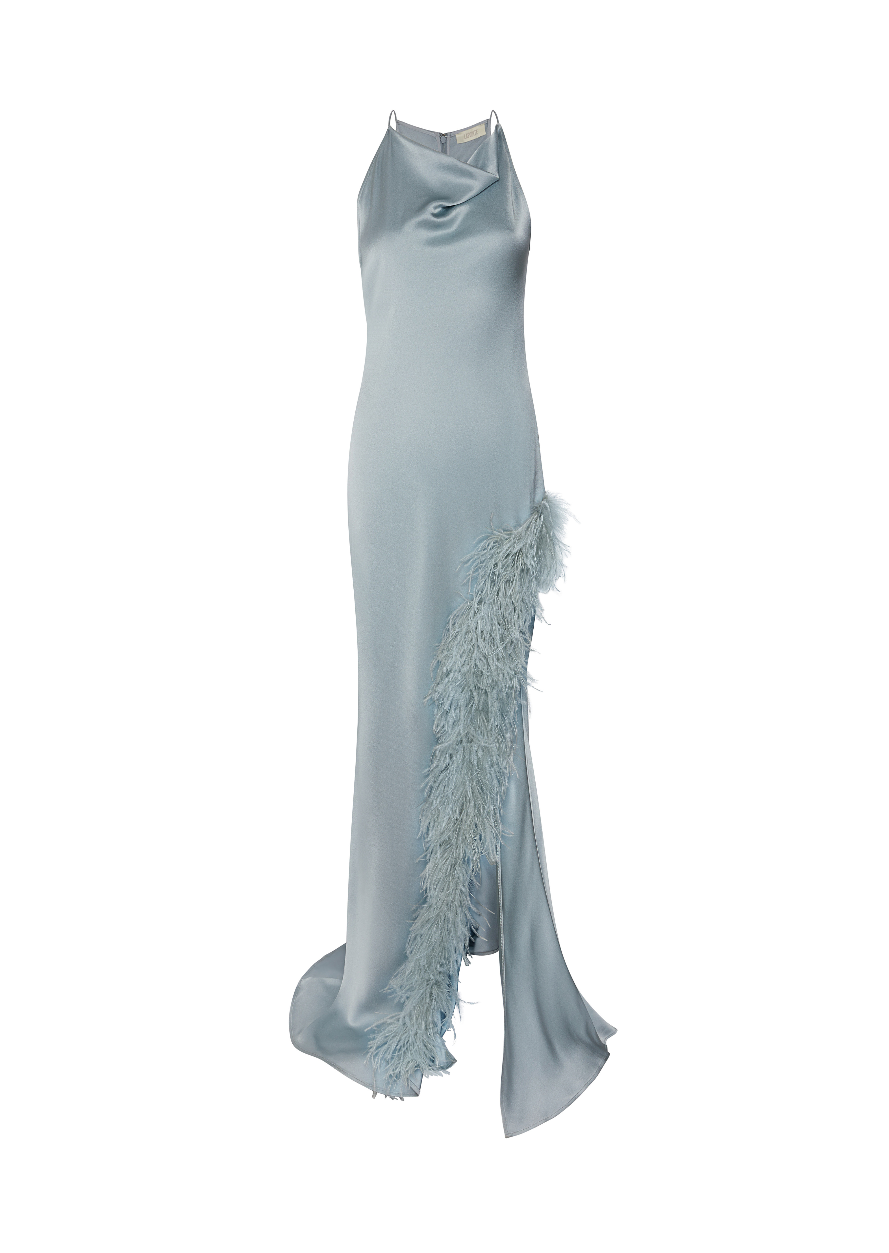 Satin Halter Gown with Feathers - 1