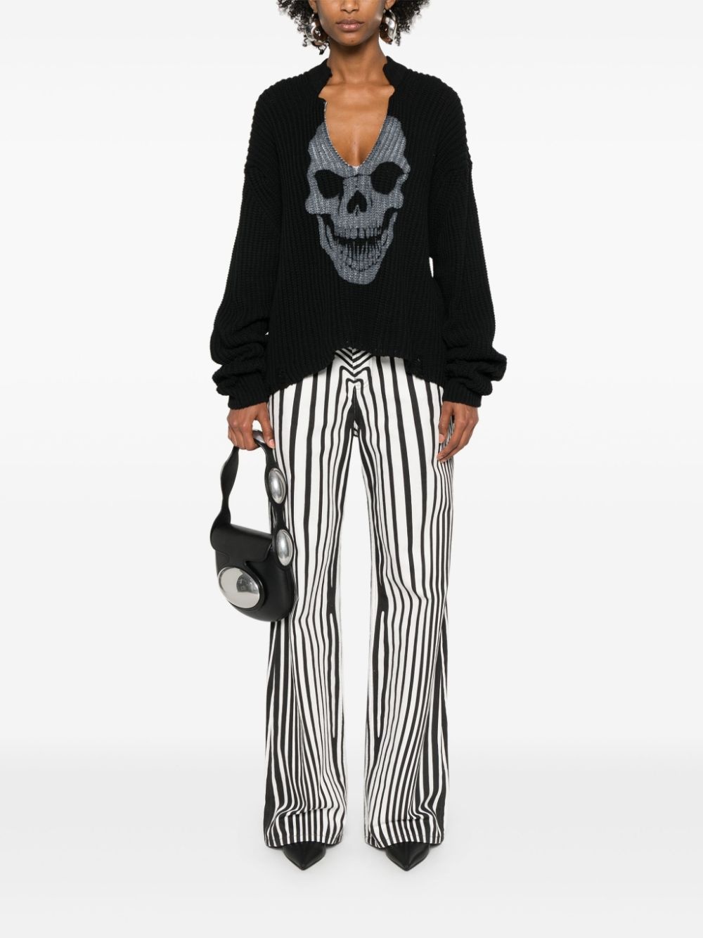 skull-print V-neck jumper - 2