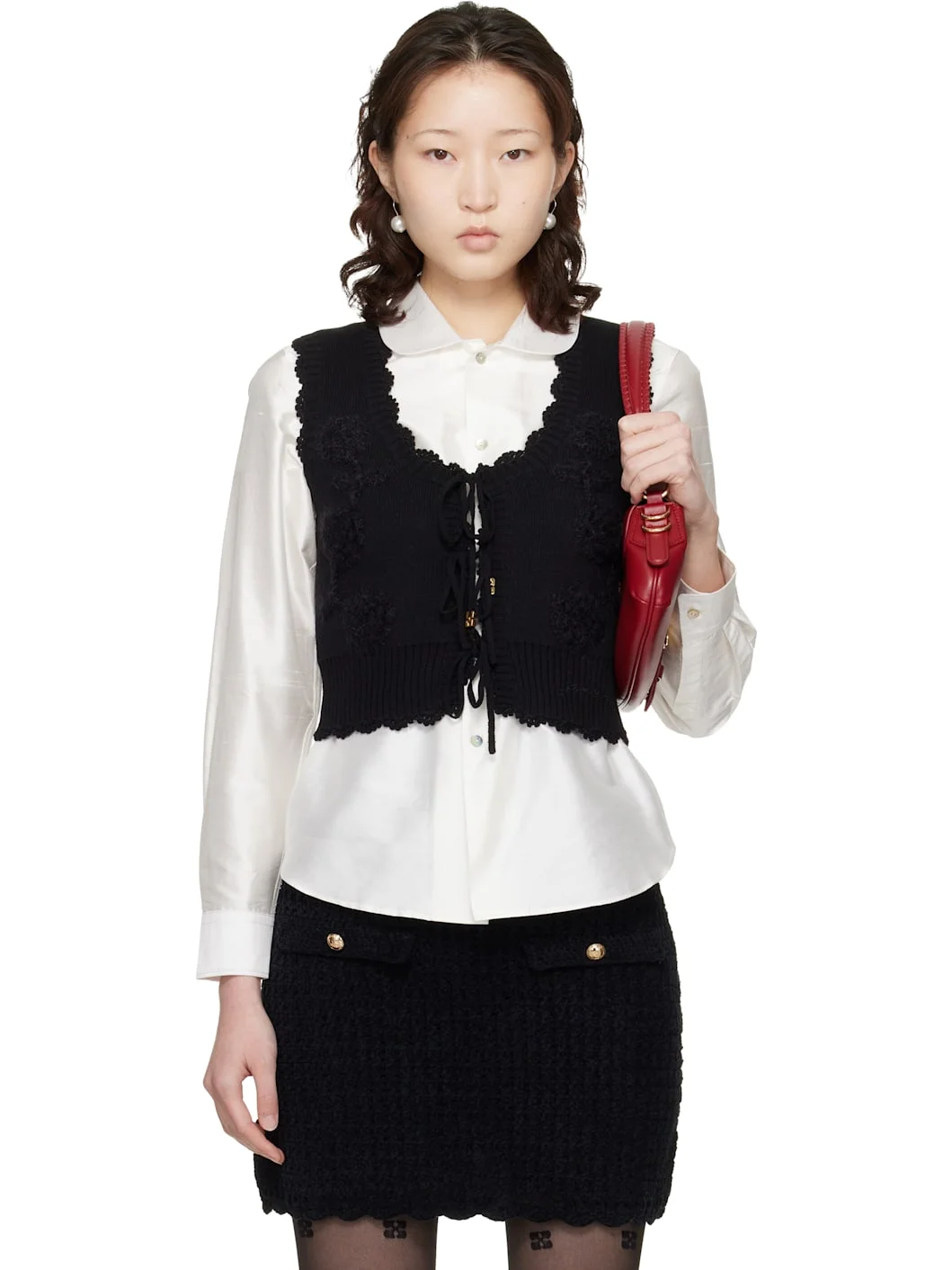 Black Cotton Cashmere Crochet Applique Vest - 1