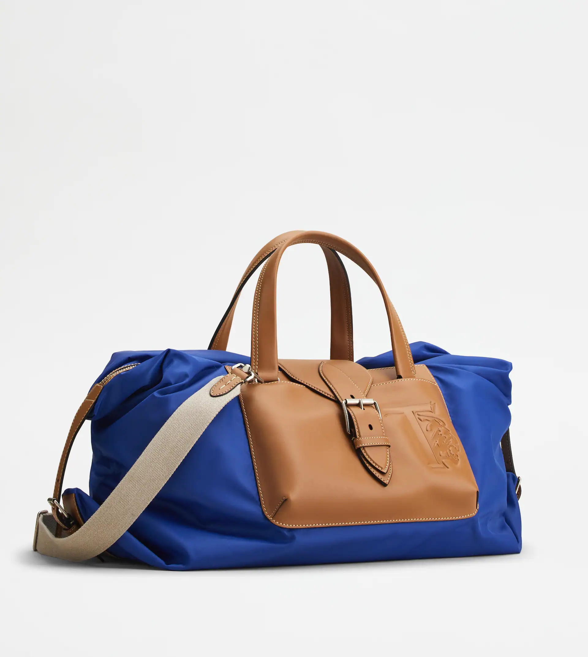 DUFFLE BAG IN FABRIC AND LEATHER MEDIUM - BLUE, BROWN - 4