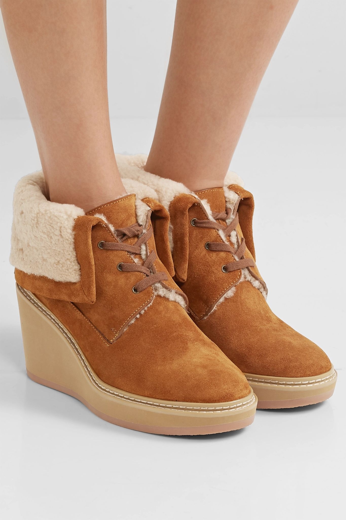 Shearling-trimmed suede wedge ankle boots - 2