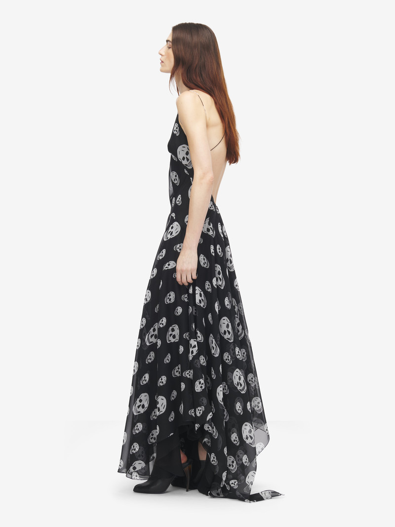 Women's Silk Skull Print Evening Dress in Black/White 3
