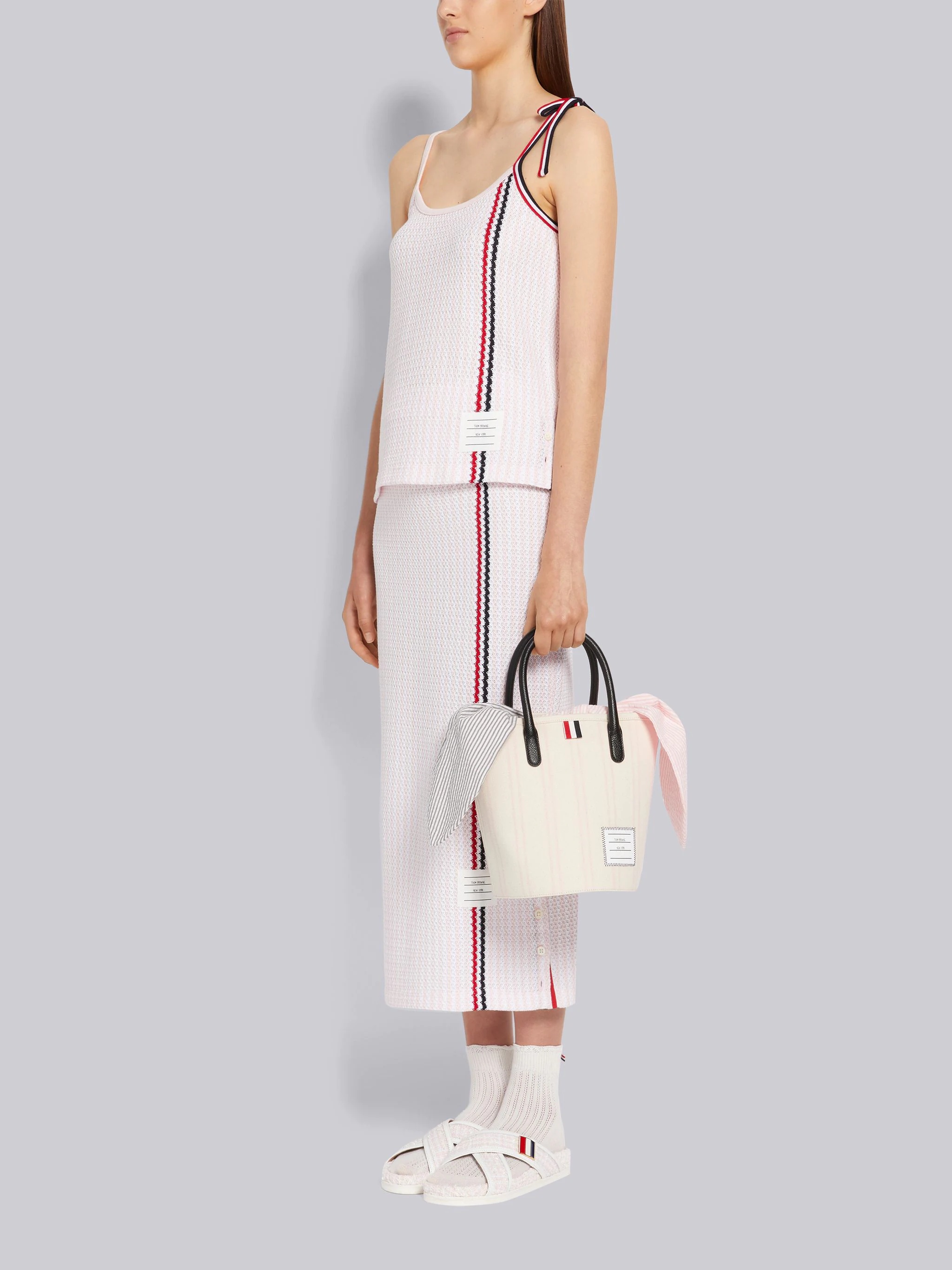Light Pink Striped Cotton Canvas Shoulder Strap Mini Bucket Bag With Interior Pouch - 6