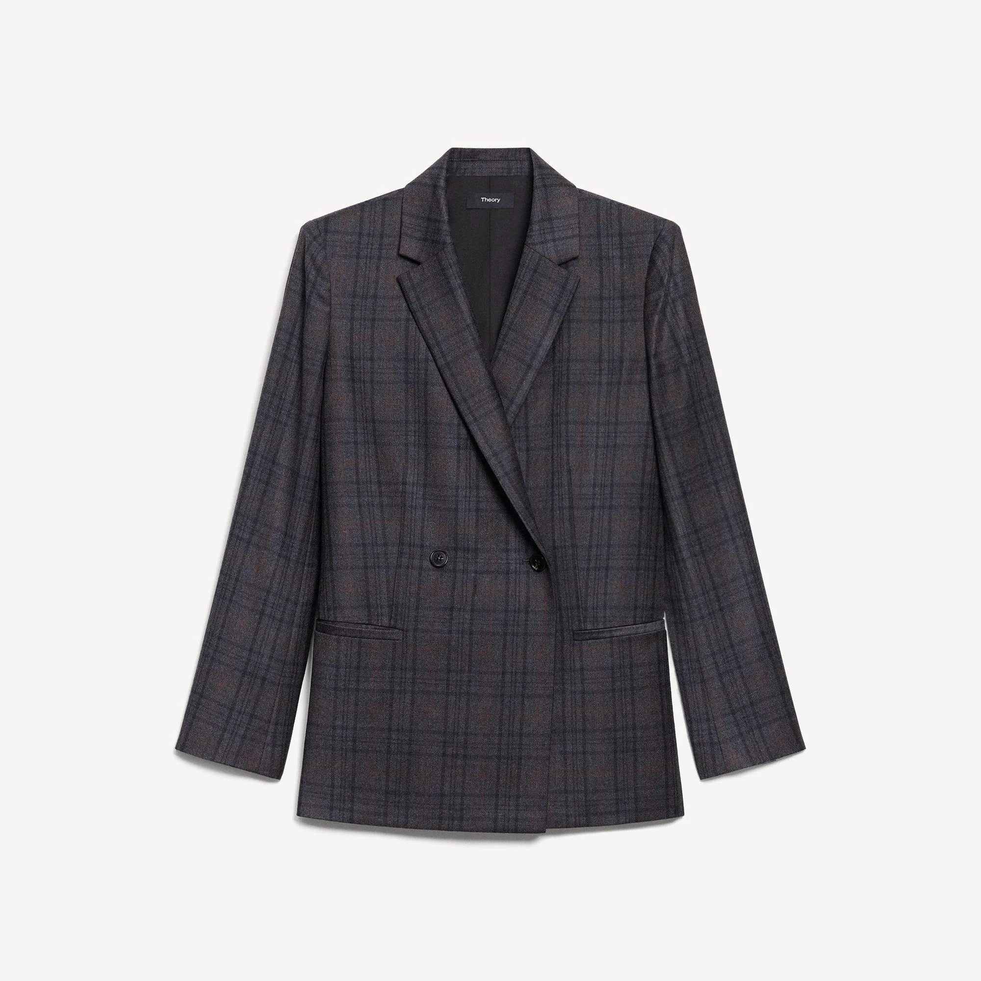 Relaxed Double-Breasted Blazer in Plaid Sleek Flannel - 1