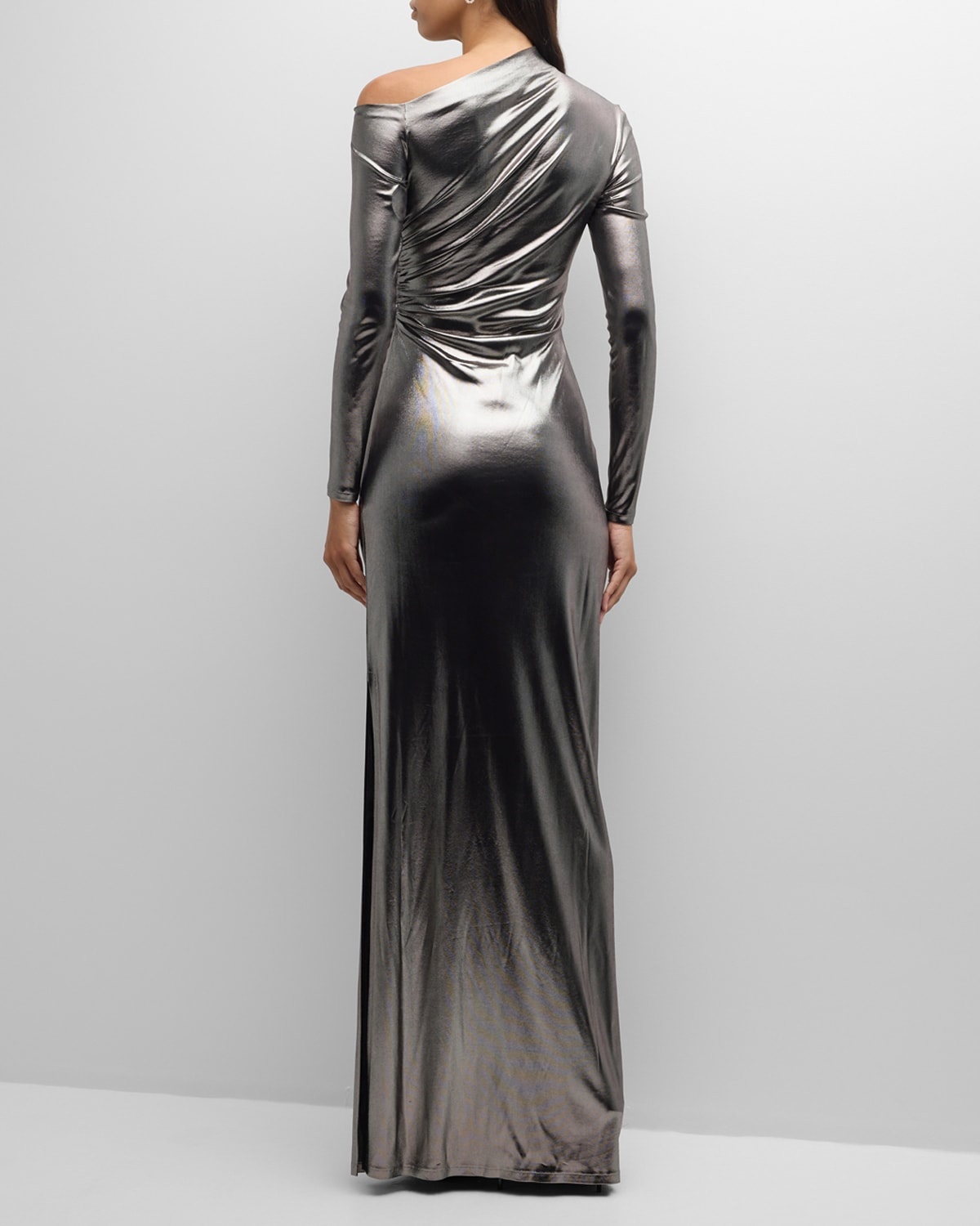 Metallic Long-Sleeve Ruched Gown - 4