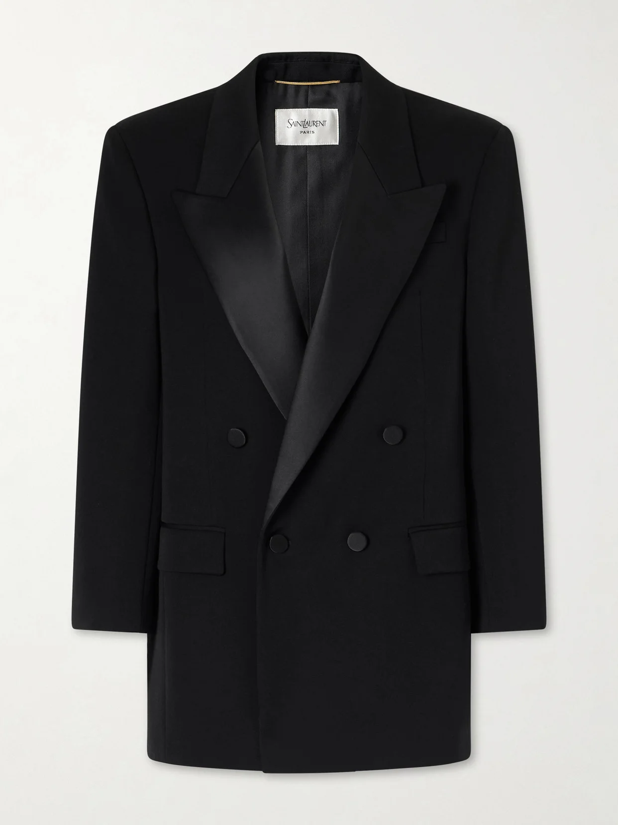 Double-breasted Satin-trimmed Grain De Poudre Wool Blazer - 1