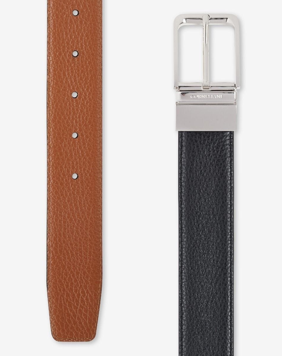 Black/cognac leather belt with dollar print - 3