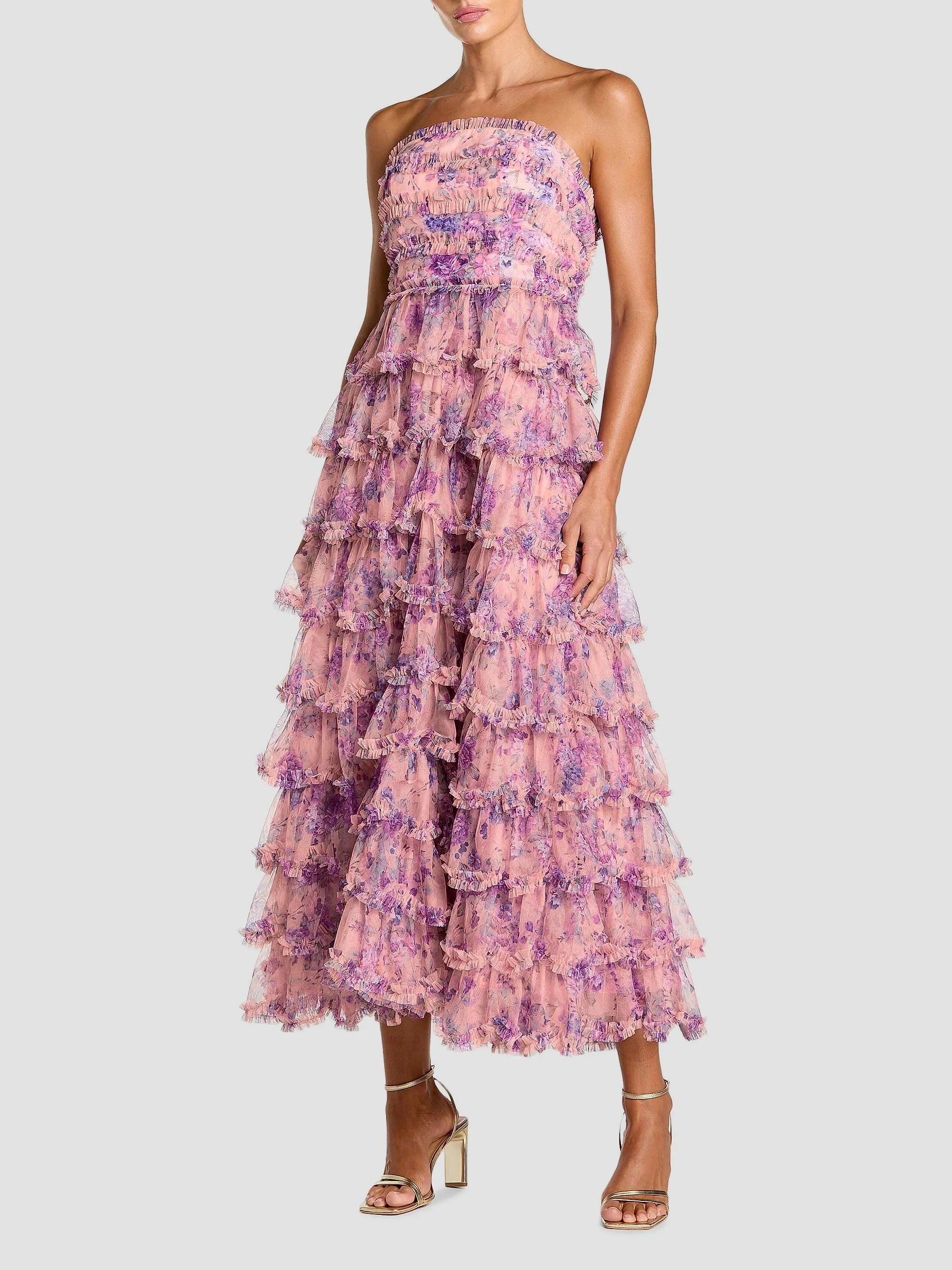 Women's Floral Ruffled Strapless A-Line Midi-Dress - Orchid Multi - 1