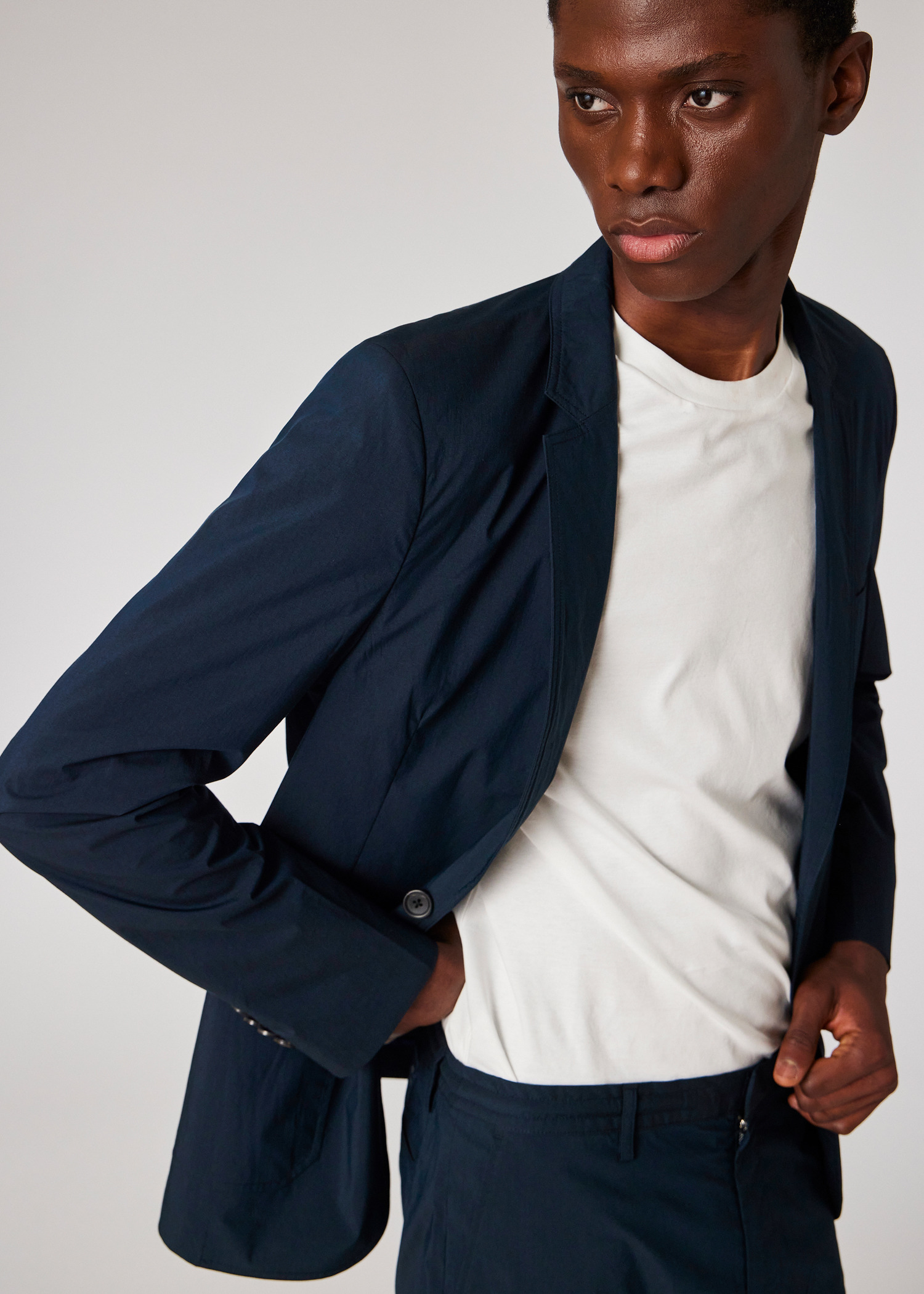 Navy Blue Cotton-Blend Two Button Blazer - 5