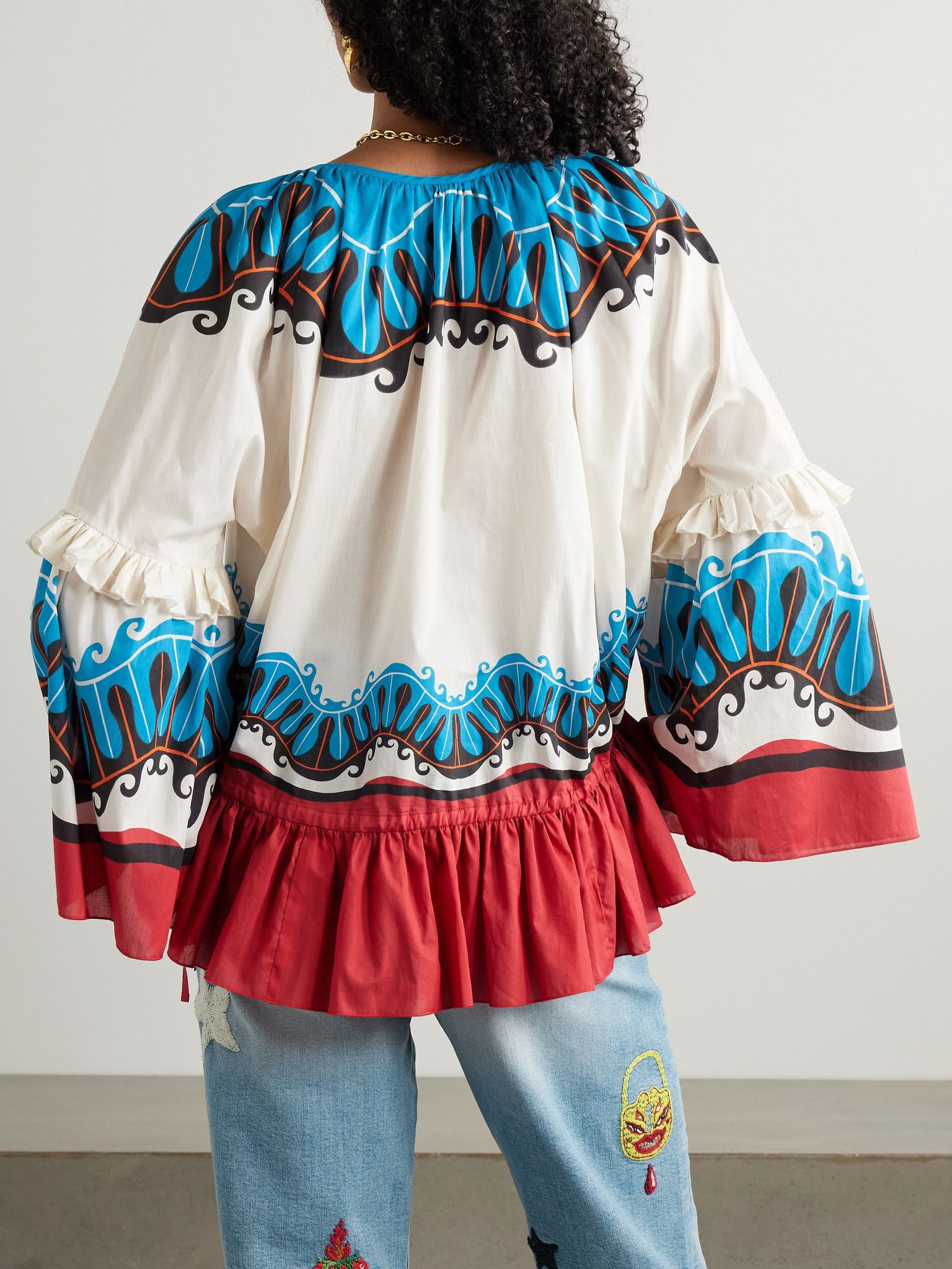 + MOTHER Boho tie-detailed printed cotton peplum blouse Blue - 3