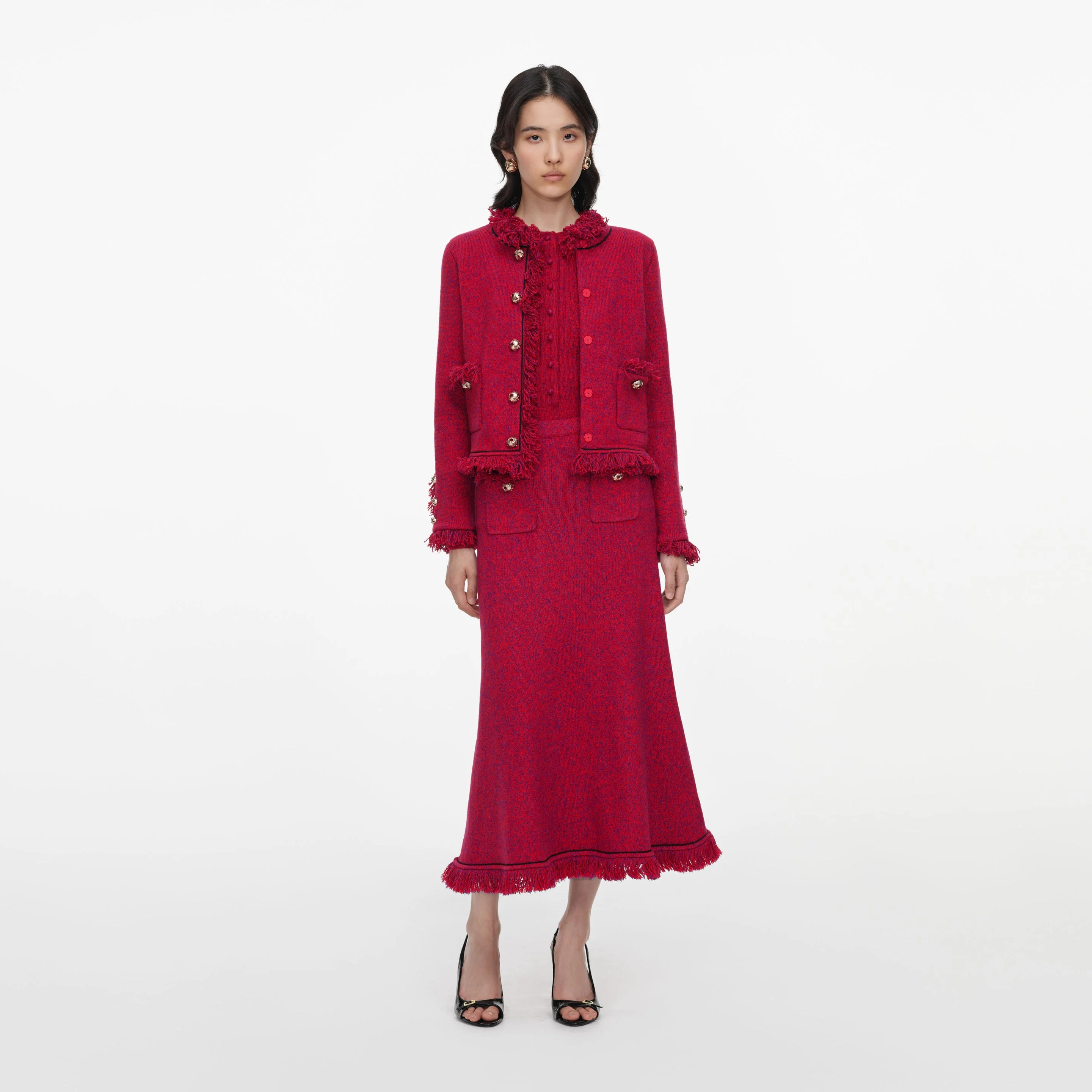 Red Frayed Knit Midi Skirt - 1