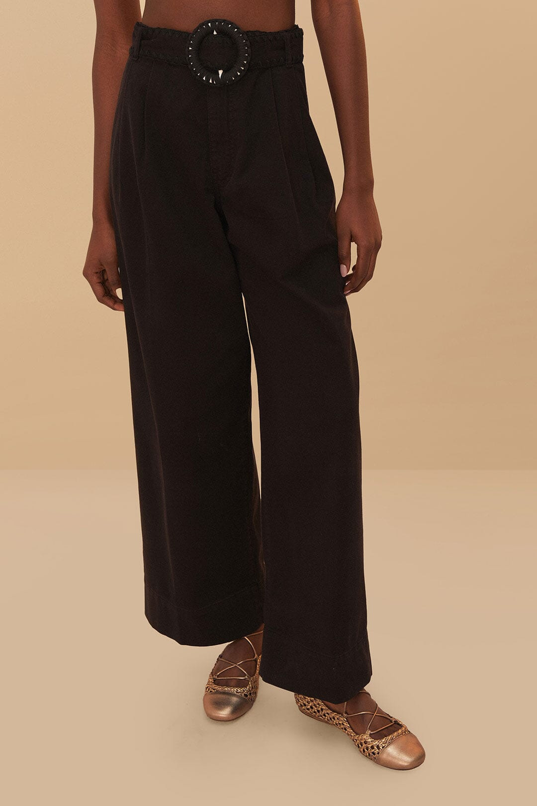 Black Twill Belted Wide Pants - 2